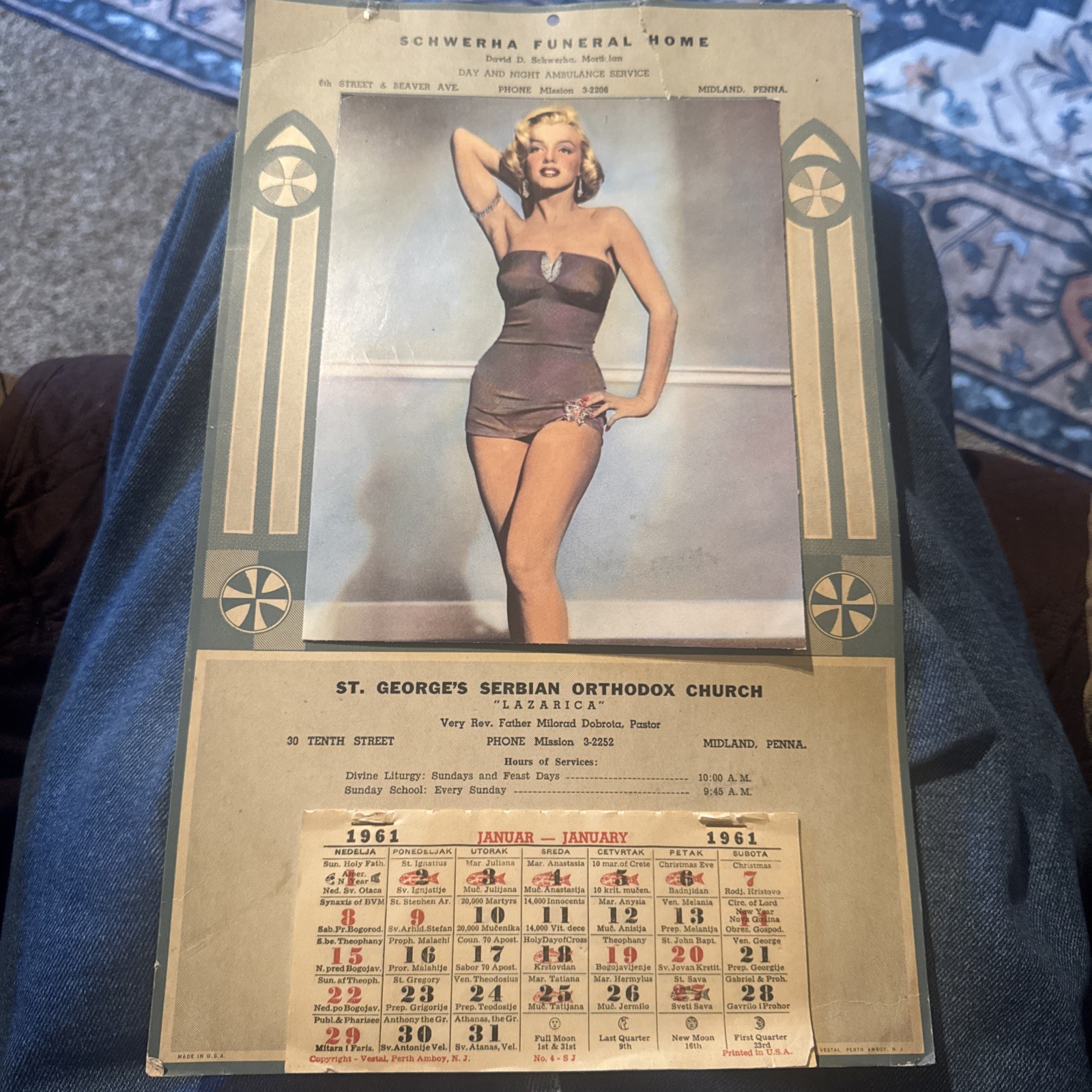Vtg. 1961 Funeral Home Calendar with Marylin Monroe Photo Added Unique Rare