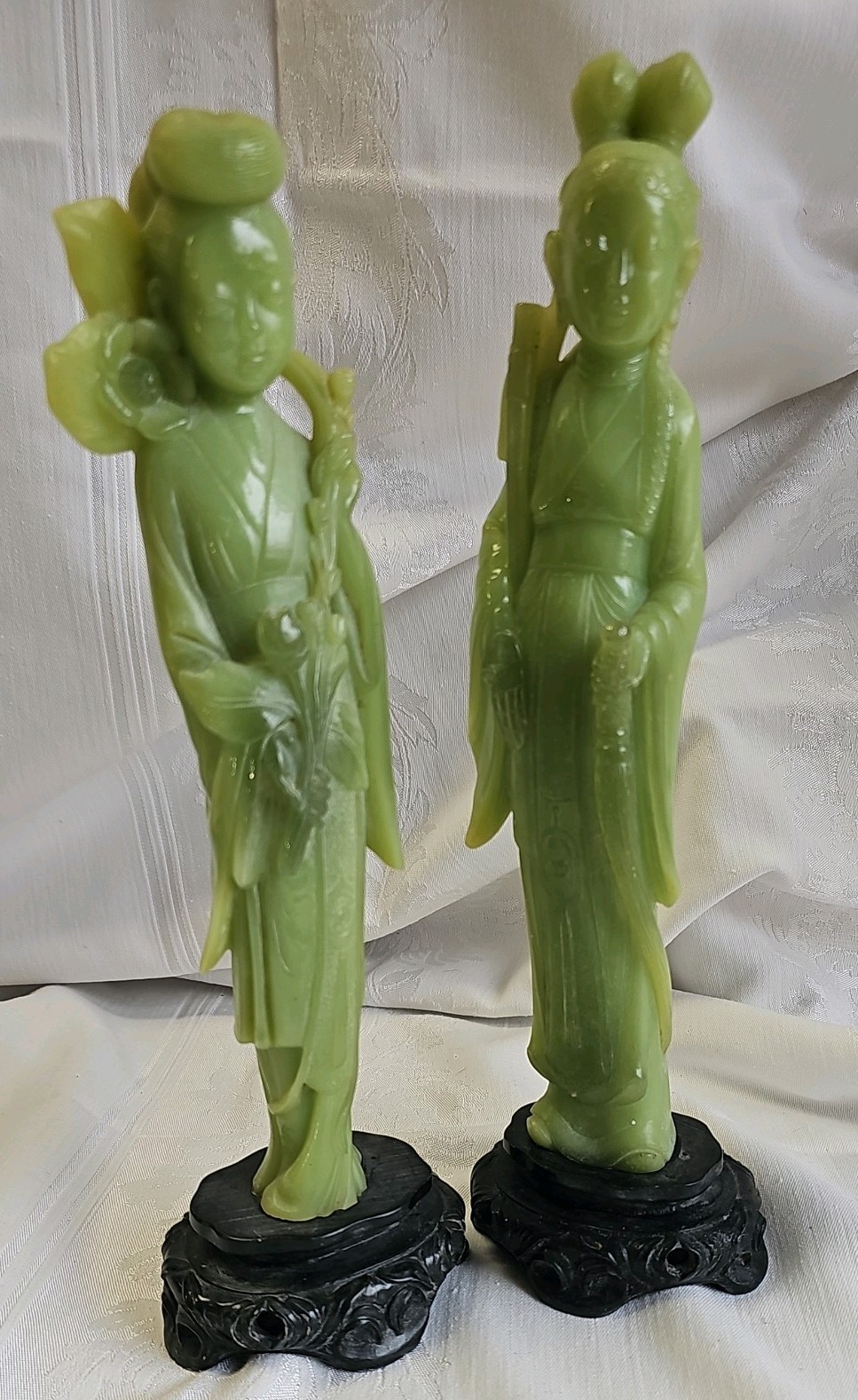 Pair Vintage Faux Green Jade Resin Asian Figures Male & Female Flower Sword  