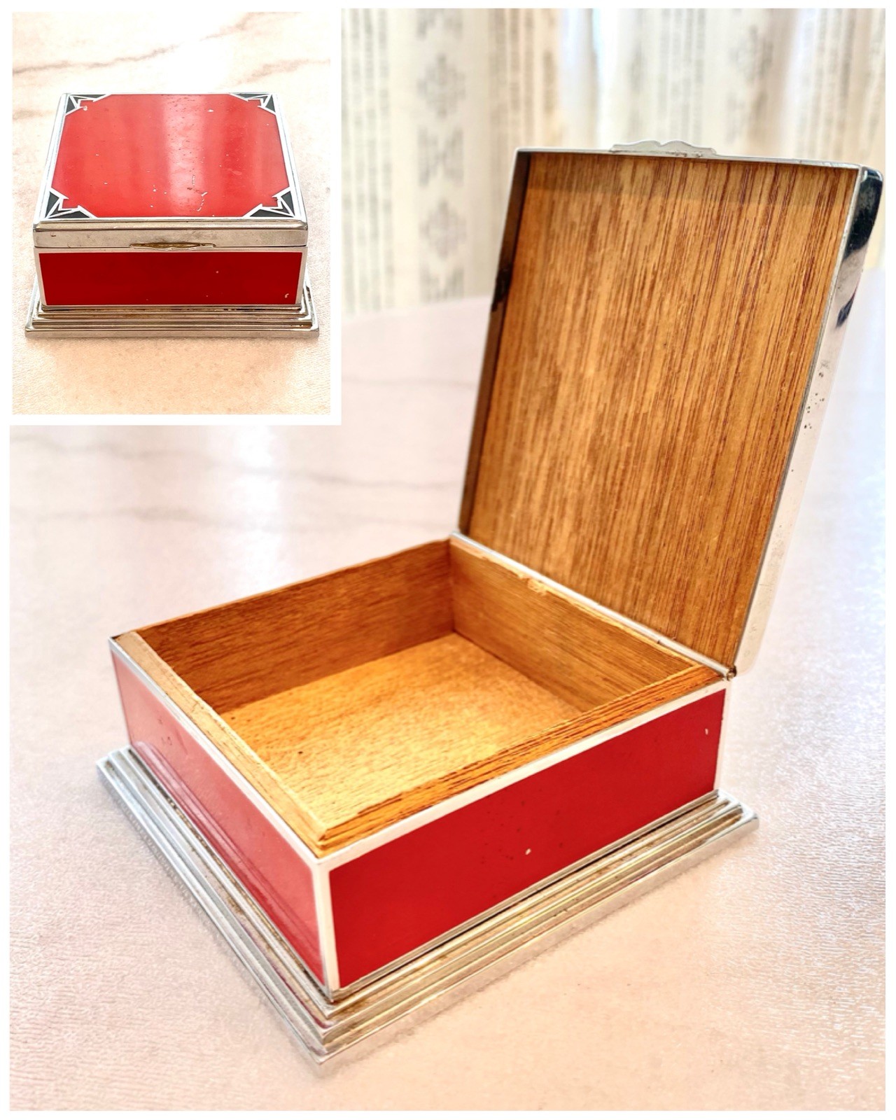 1920s Art Deco Otis Elgin Red Lacquered Antique Cedar Lined Cigarette Box Case  