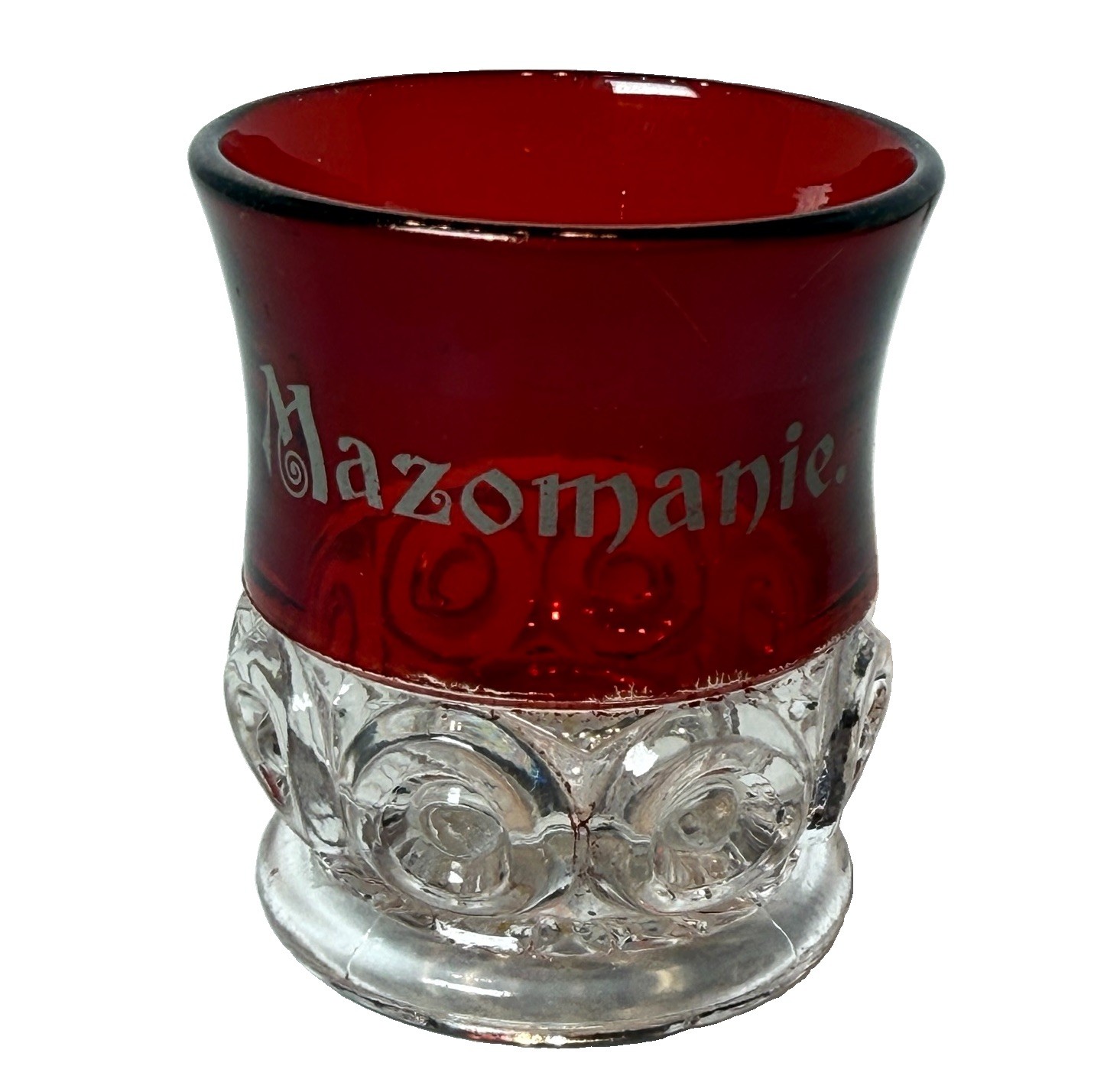 MAZOMANIE WI WISCONSIN ANTIQUE Ruby Red Flash Souvenir Glass TRINKET CUP