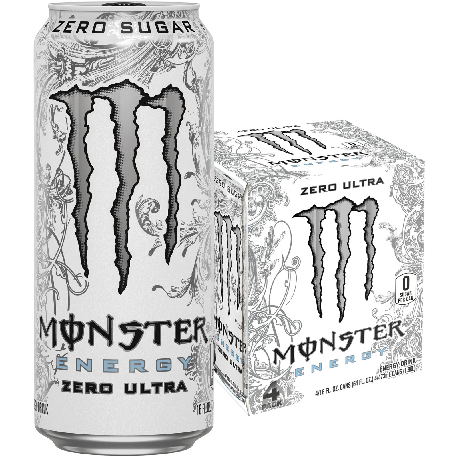 New Monster Energy, Zero Ultra, Sugar Free Energy Drink, 4 Pack - 16 Fl Oz New Monster Energy, Zero Ultra, Sugar Free Energy Drink, 4 Pack - 16 Fl Oz