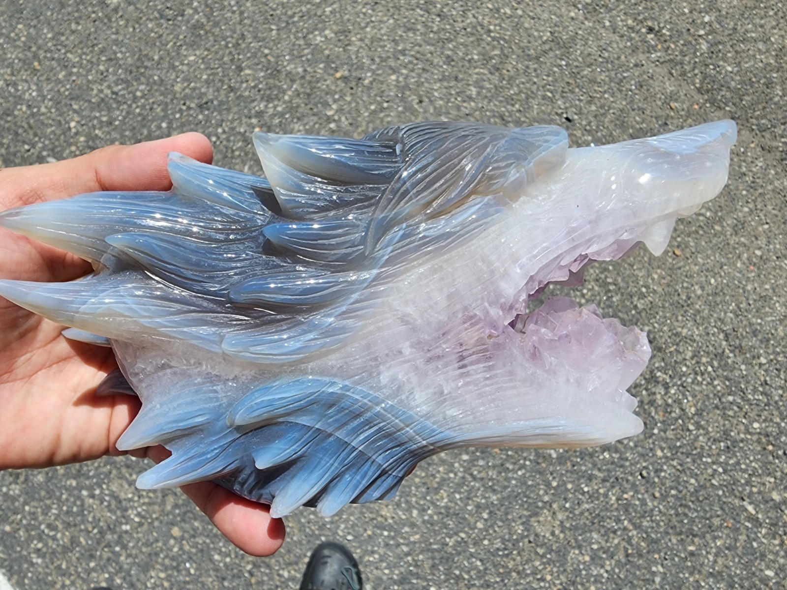Large Hand Carved Crystal Wolf Head w/ Natural Amethyst Druzy Cluster