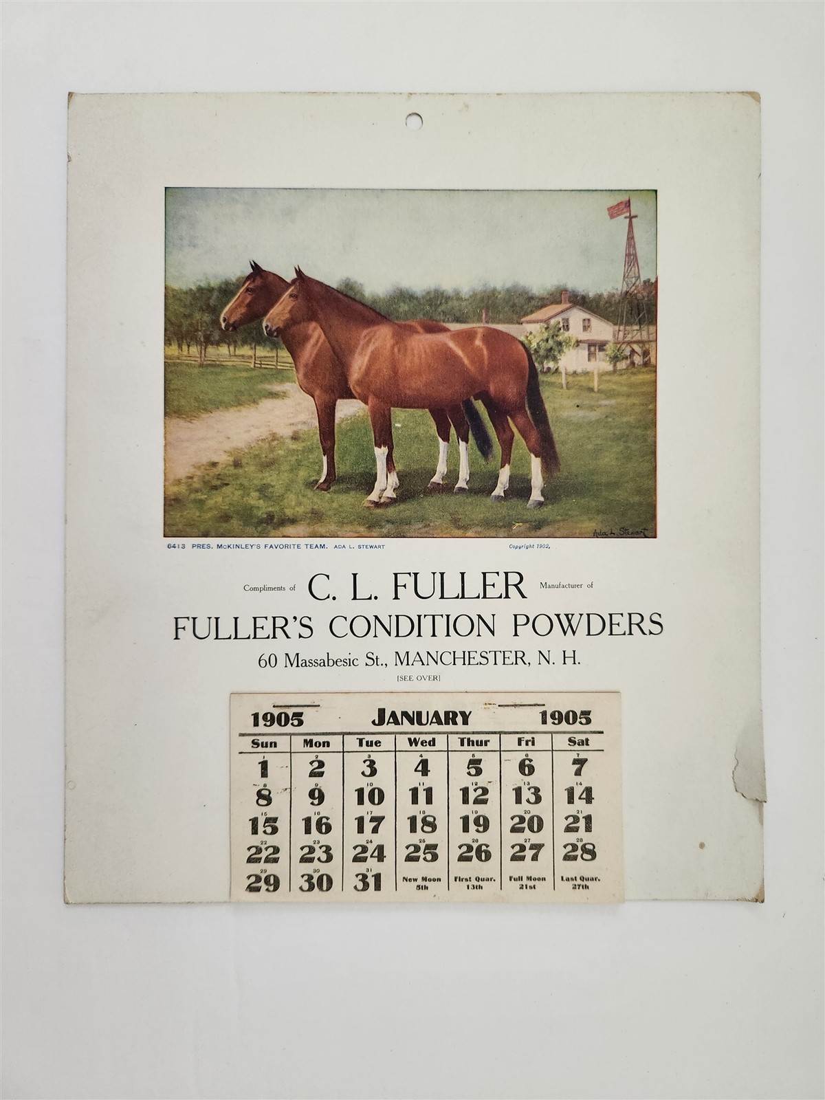 1905 antique C.L. FULLER manchester nh HORSE MEDICINE advertising WALL CALENDAR