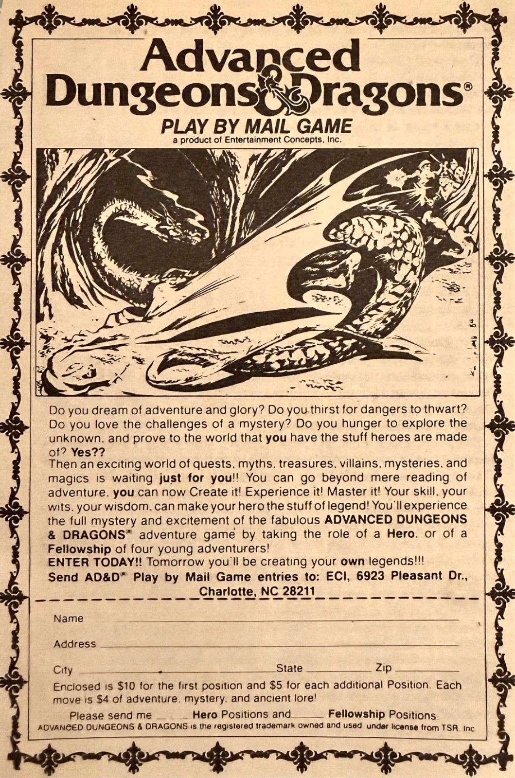 Advanced Dungeons & Dragons Print Ad 1985 Play by Mail Game