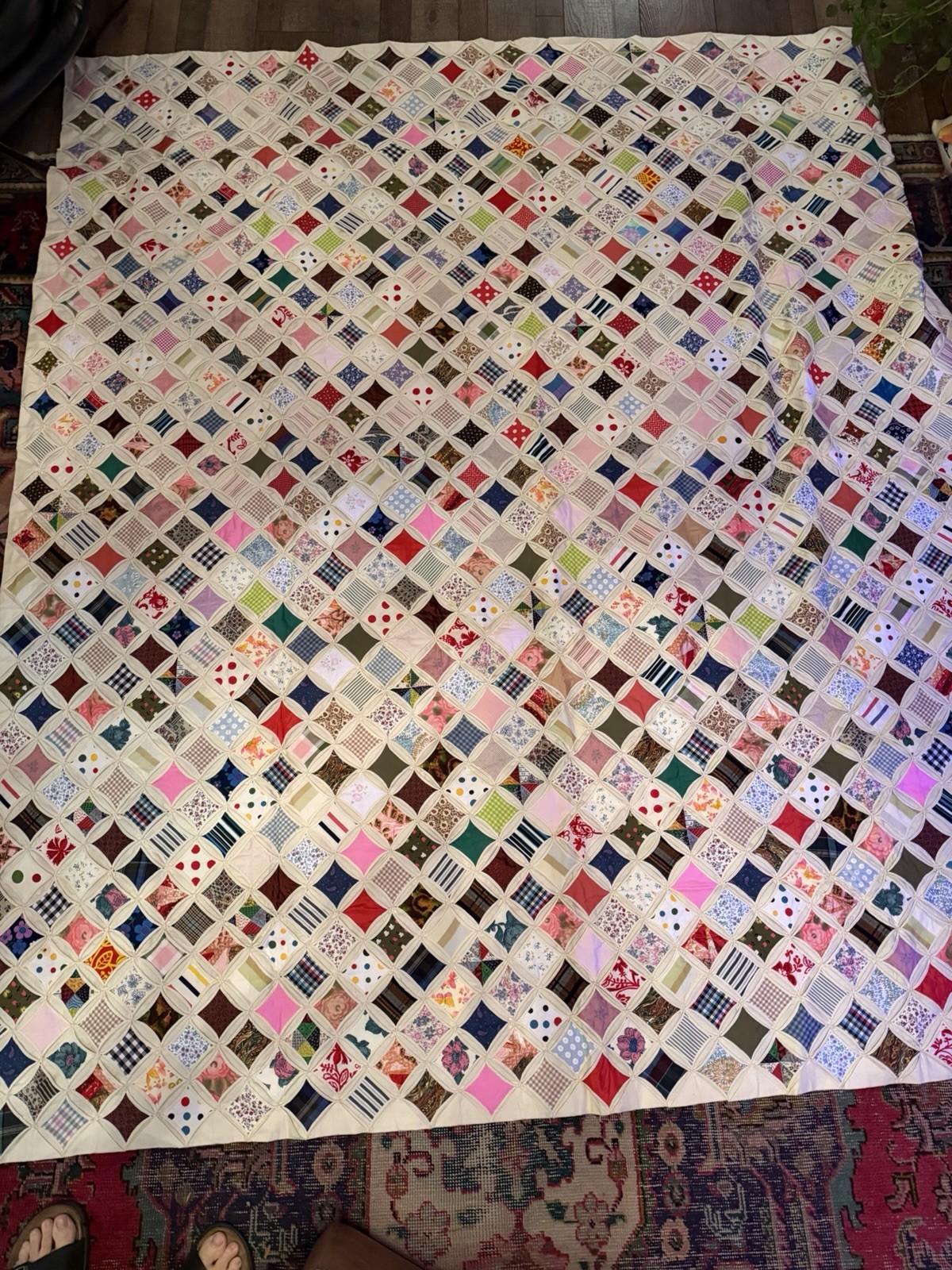 Vintage 1989 Hand Stitched Cathedral Window Quilt 80x88 Signed Handmade