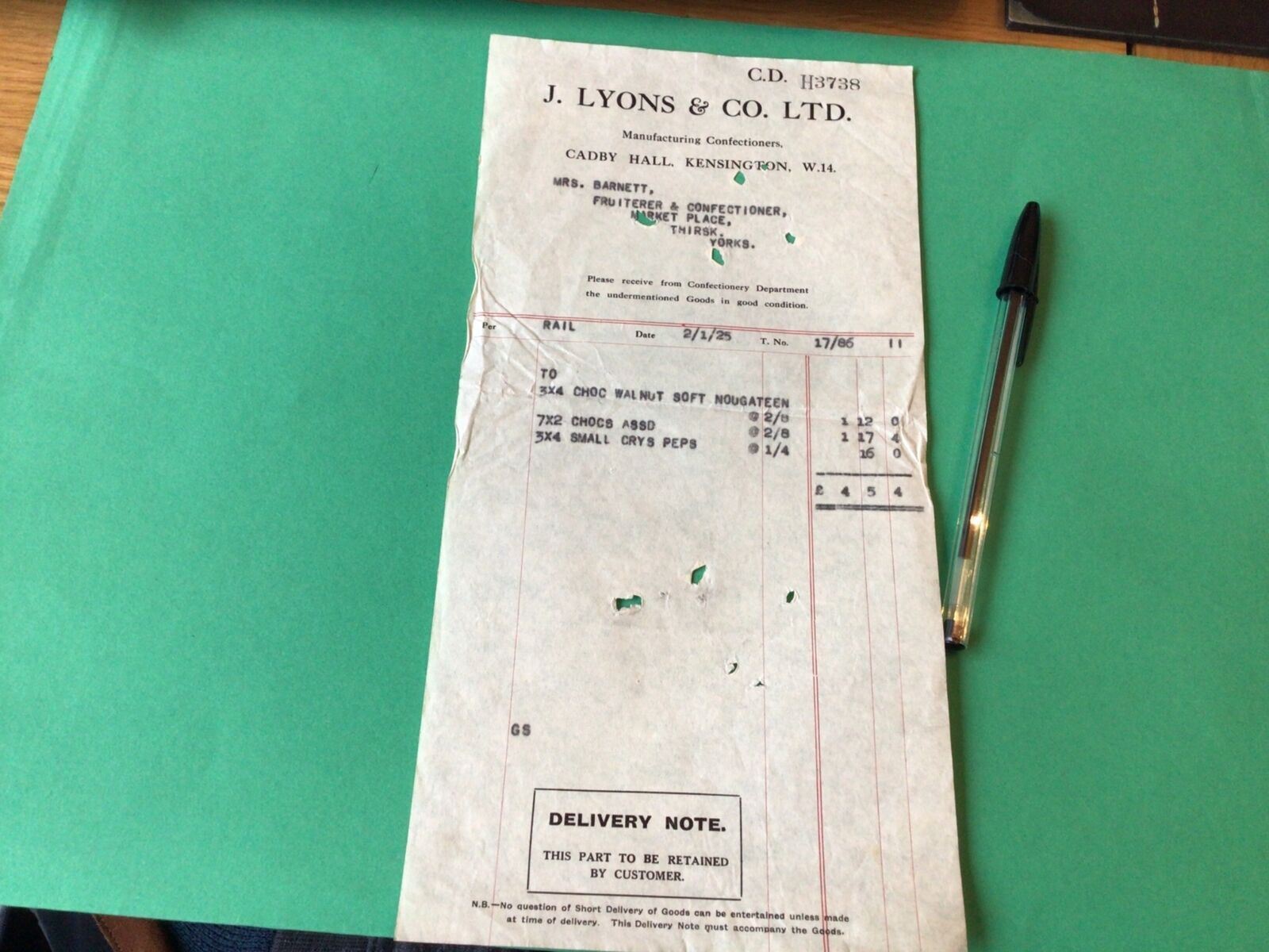 J. Lyons & Co Ltd Manufacturing Confectioners London 1925  invoice  Ref 56742