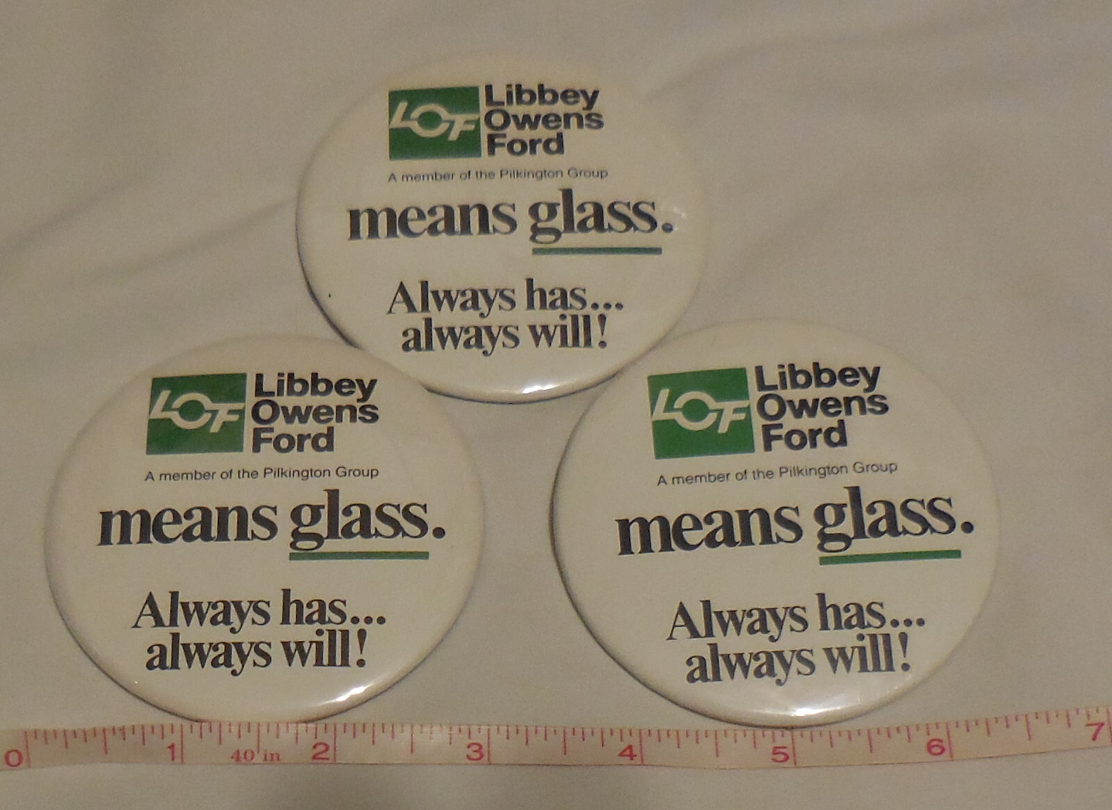 3 ad Lot Libbey Owens Ford Means Glass Lapel Button Pin Toledo Ohio LOF  VTG