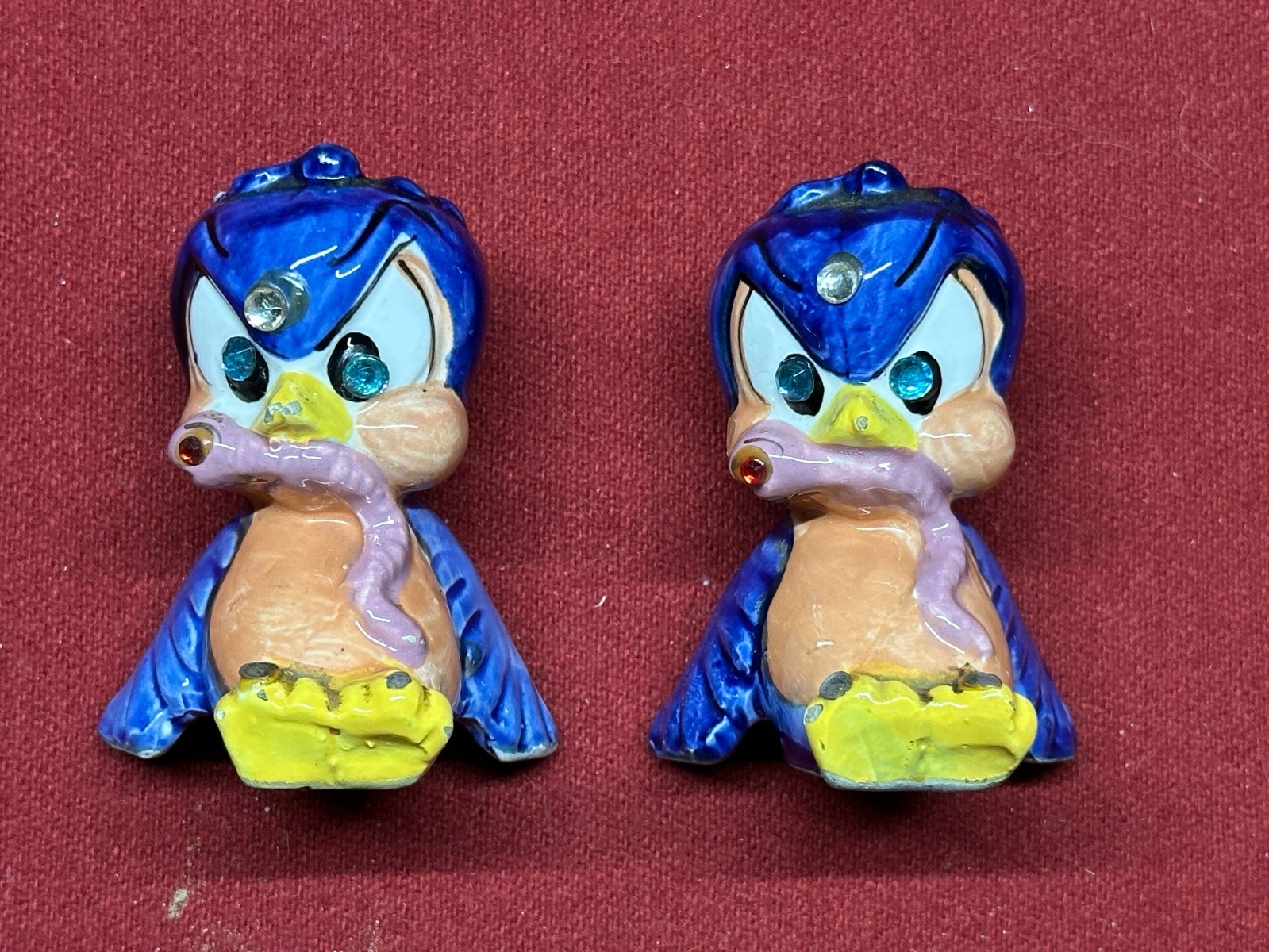 Vintage Kreiss Bluebird with Worm Salt & Pepper Shakers Rhinestone Eyes 1950s