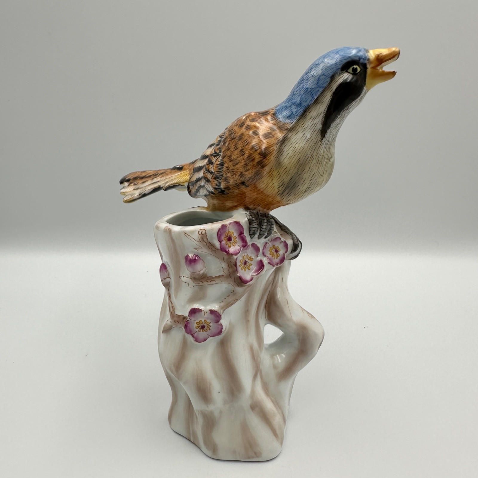 Vintage Hand Painted Ceramic Blue Bird Tree Trunk Vase Floral Figurine