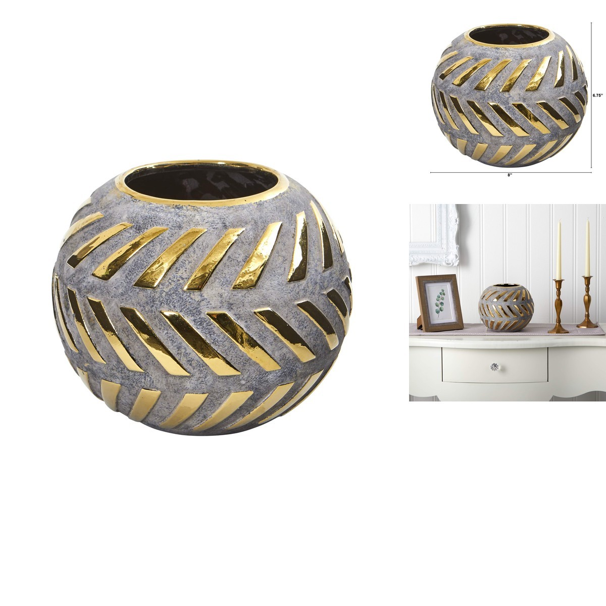 Nearly Natural 0774-S1 8in. Regal Round Stone Vase Gold Accents Gray