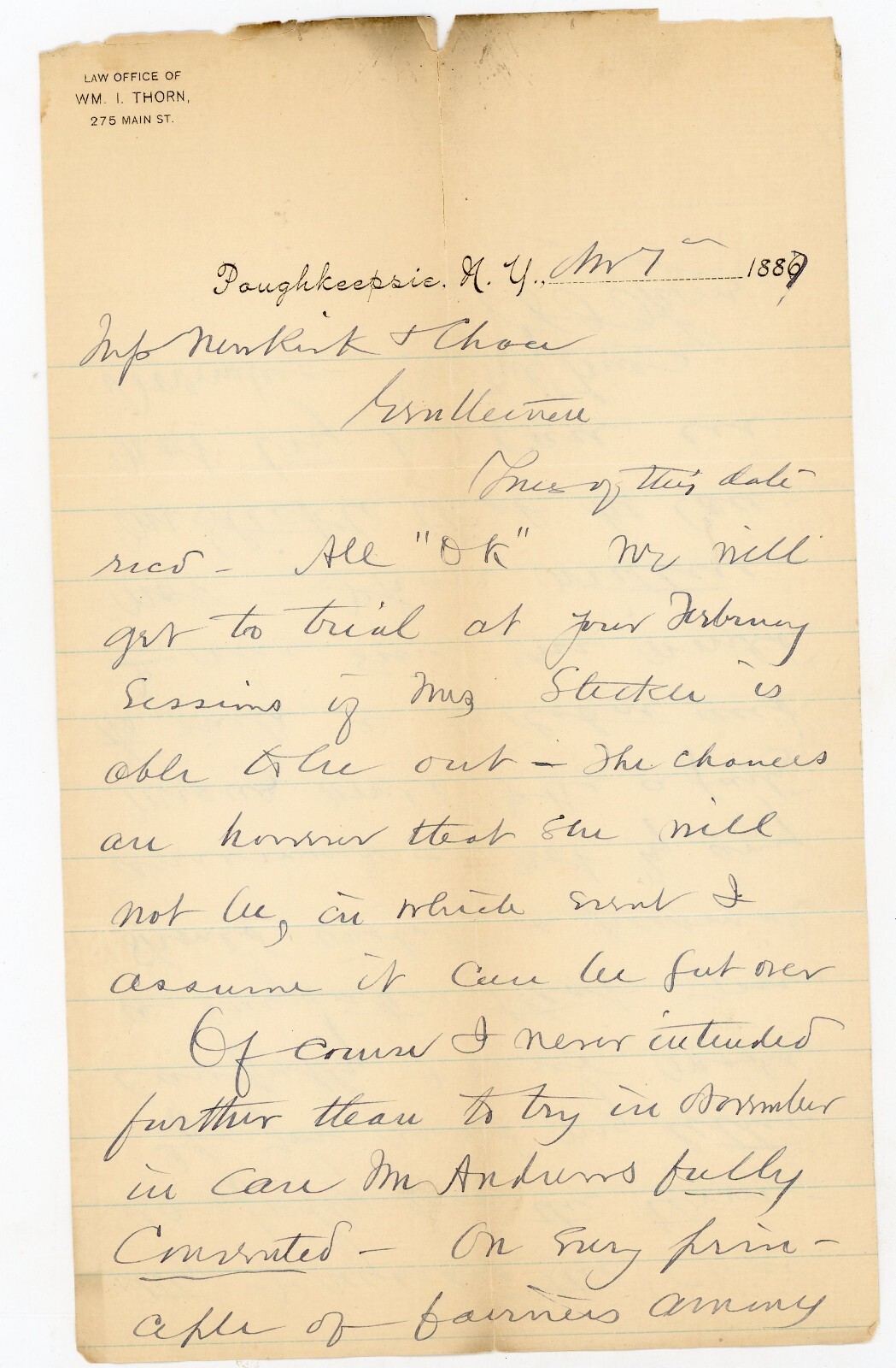 William I Thorn Signed Letter Poughkeepsie NY 1889 New York Violation Mr Stickle