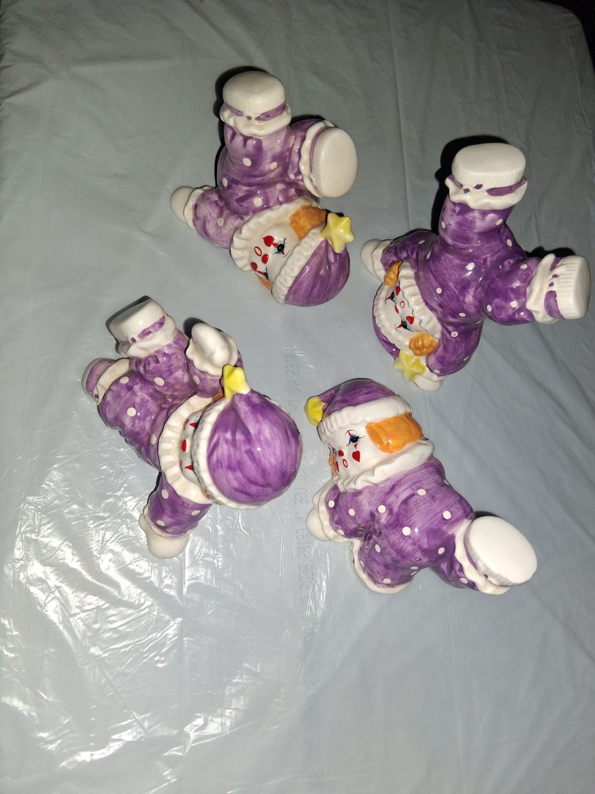 Vintage Enesco 4 Pc Purple Tumbling Clown Figurine Set Ceramic 1984