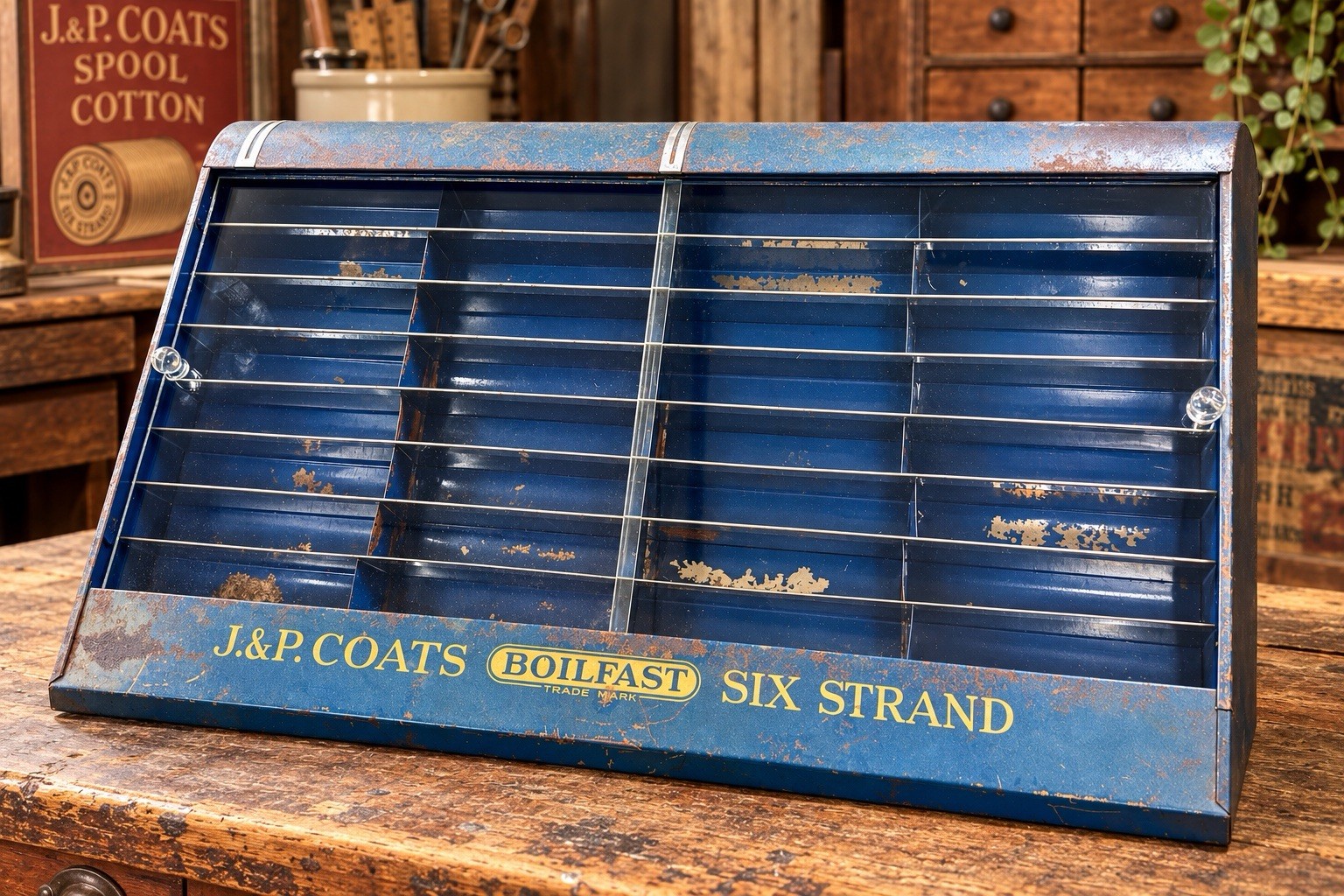 Vintage J&P Coats Metal Sewing Thread Spool Display Cabinet Organizer BoilFast