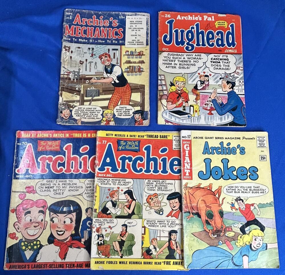 1954,1955,1962 Archie's Mechanics #1, Jughead 26,70,77 Jokes Comic Mixed Lot (5)