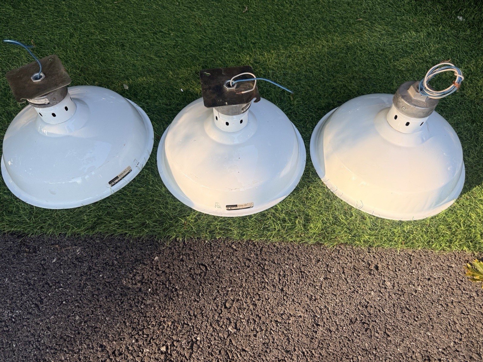 Set of 3 Vintage Hubbell RP-214 14” White Enamel Industrial Barn Lights