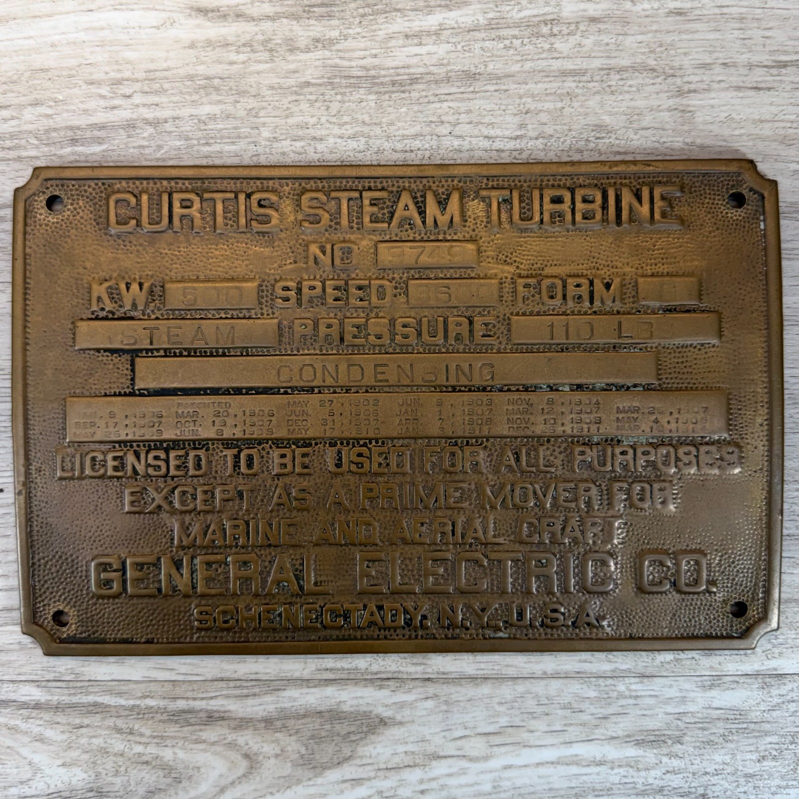 Antique c1920 GE Curtis Steam Turbine Brass Nameplate 500KW Schenectady NY