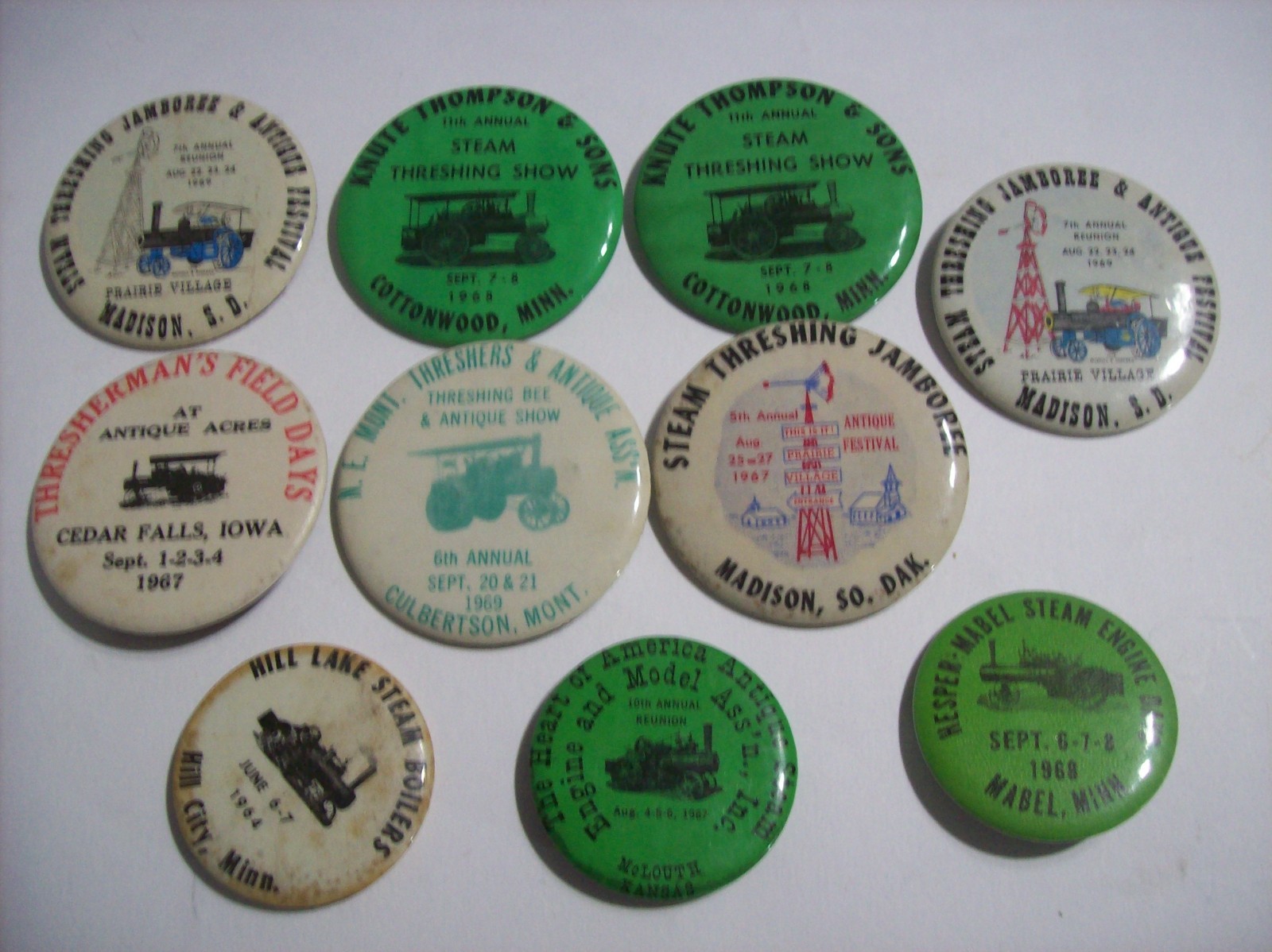 Lot of 10 Vintage STEAM THRESHING SHOWS 1960\'s PIN-BACK BUTTONS MN SD IA MT