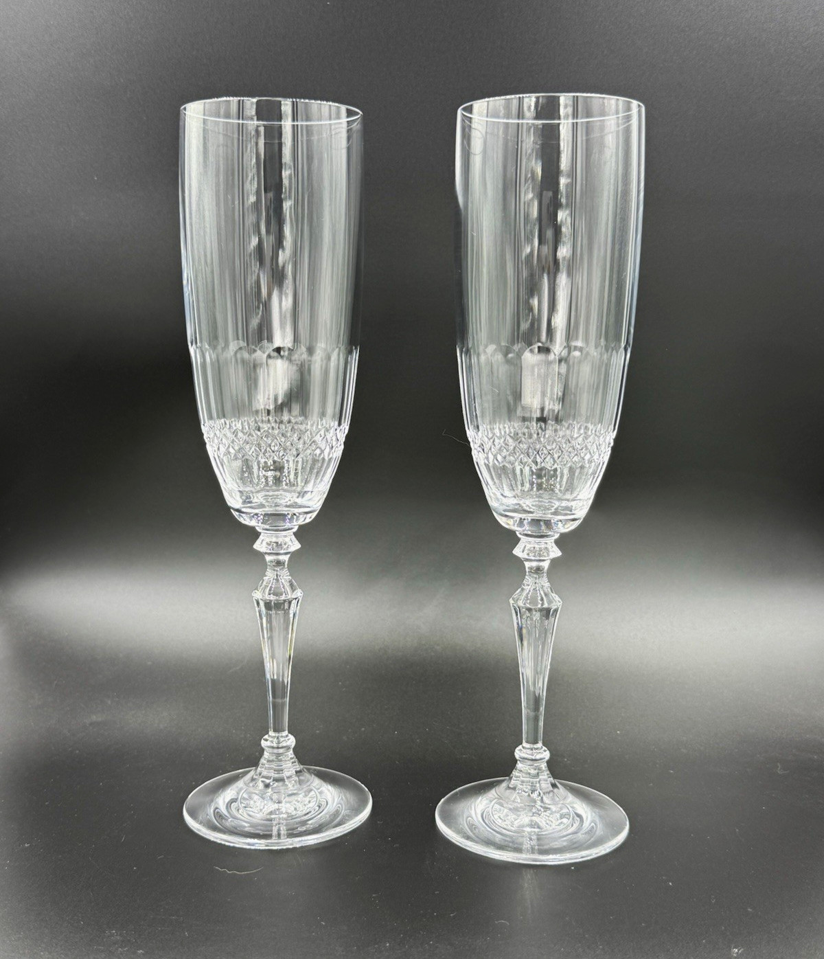 Pair of Vintage Clear Cut Crystal Champagne Flutes - Faceted Stem Diamond Bowl