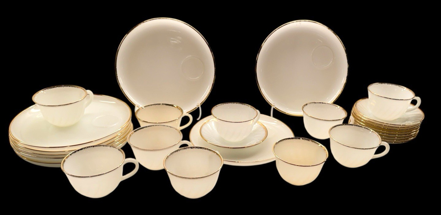 Fire-King GOLDEN ANNIVERSARY Milk Glass Set White Swirl 22K Gold 27 pc MCM VTG