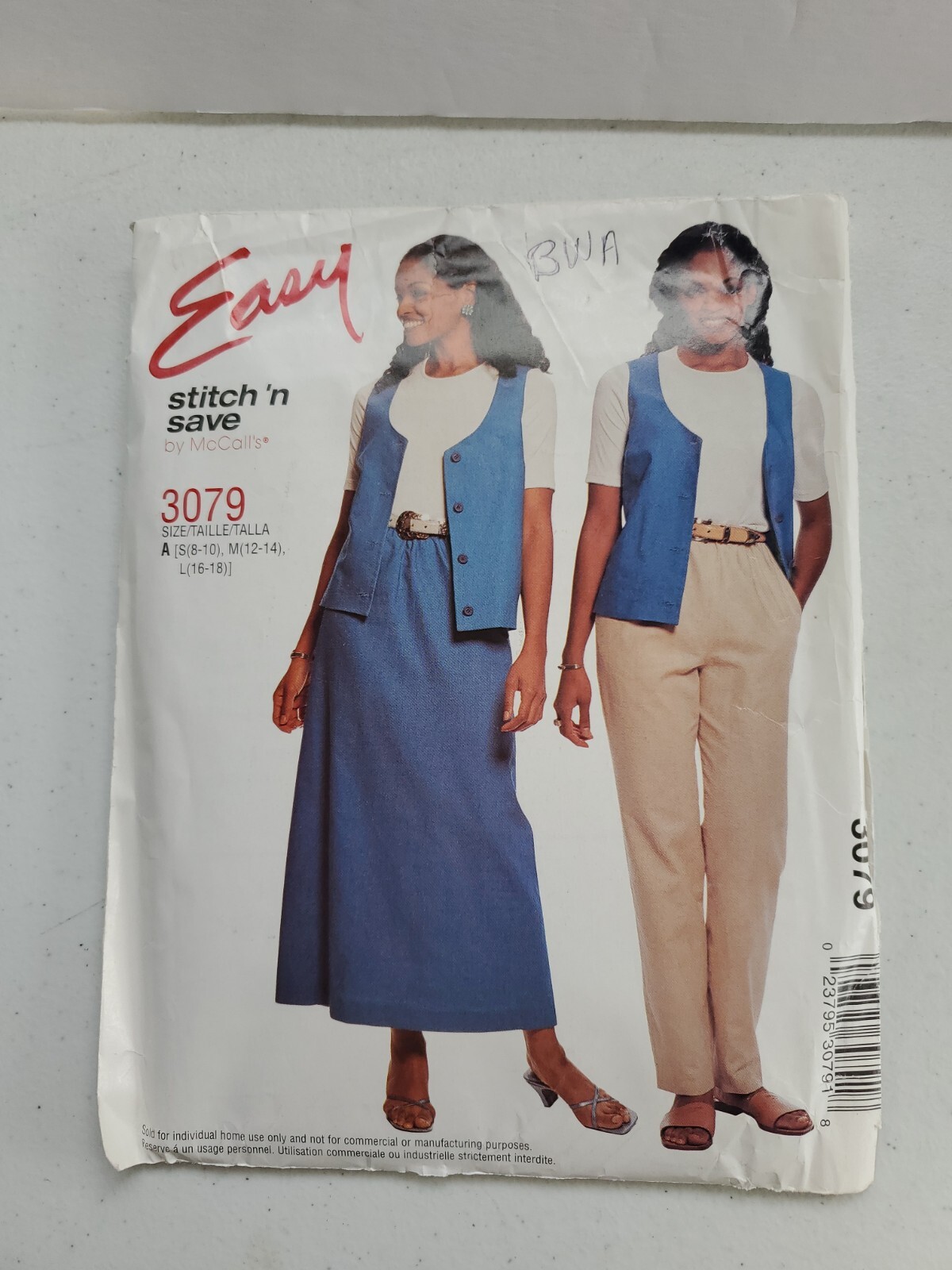 McCall\'s  3079 Easy Stitch \'n Save Vest, Skirt, Pants Sewing Pattern 8-18 