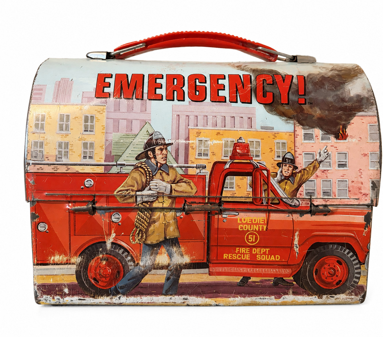 RARE Vintage EMERGENCY TV Show Domed Metal Lunch Box & Beverage Container