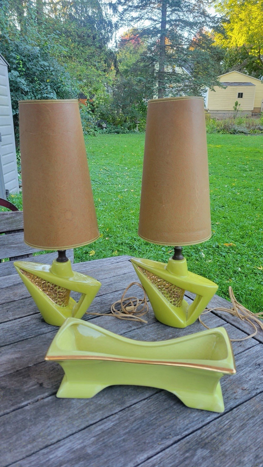 2 Vintage MCM Chartreuse Table Lamps w/ Original Paper Shades and Planter