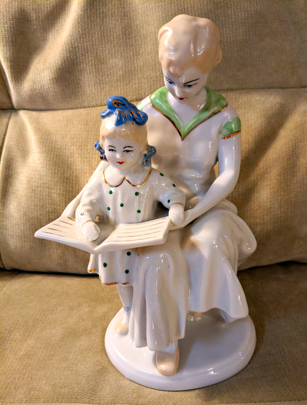 Vintage Soviet USSR Porcelain Figurine Mother Child Daughter  Reading Book 1960s