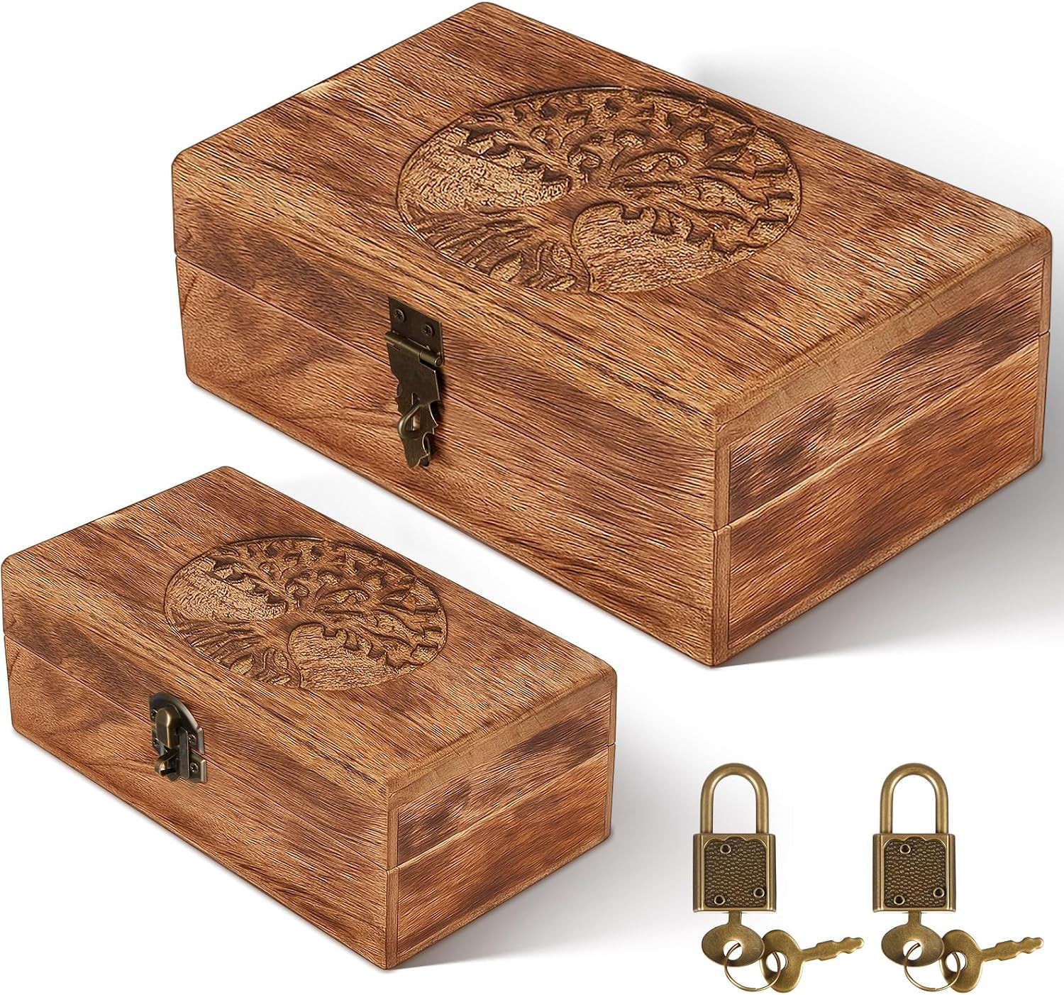 2 Wooden Keepsake Boxes with Lock, Tree of Life, Dark Color