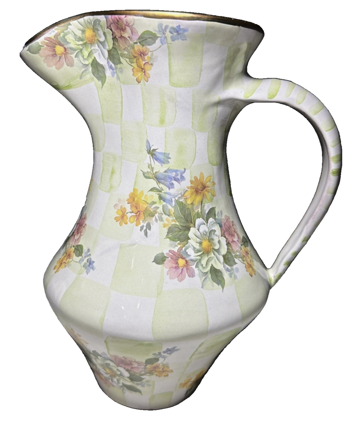 Mackenzie Childs Sweet Pea Pitcher Green Check Plaid Flowers Gold Trim 1996 VTG