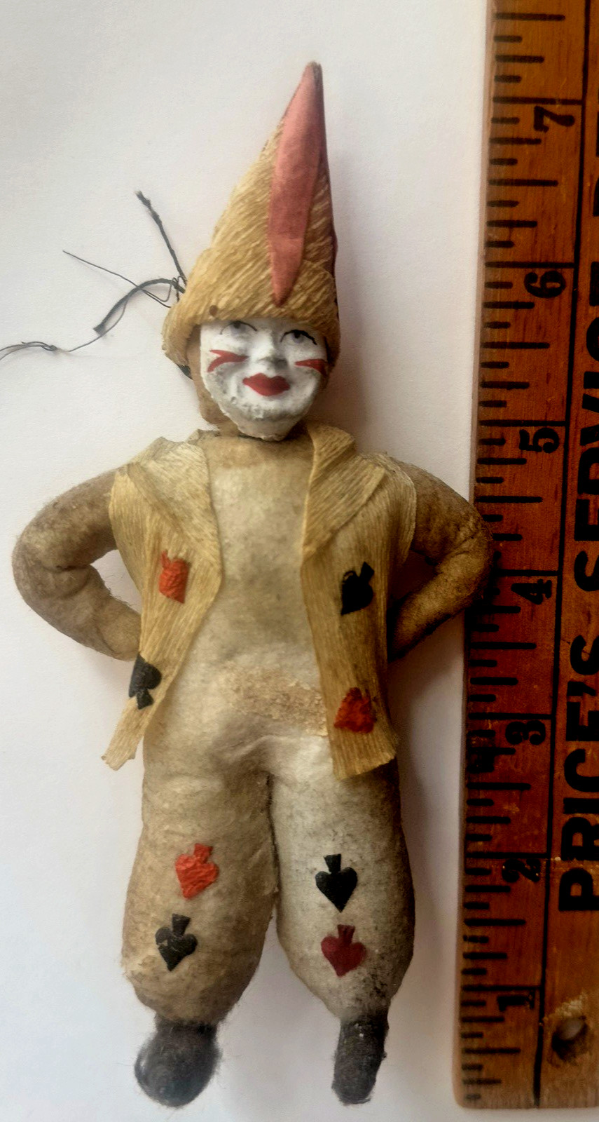Antique Dresden Spun Cotton Clown Doll Christmas Ornament