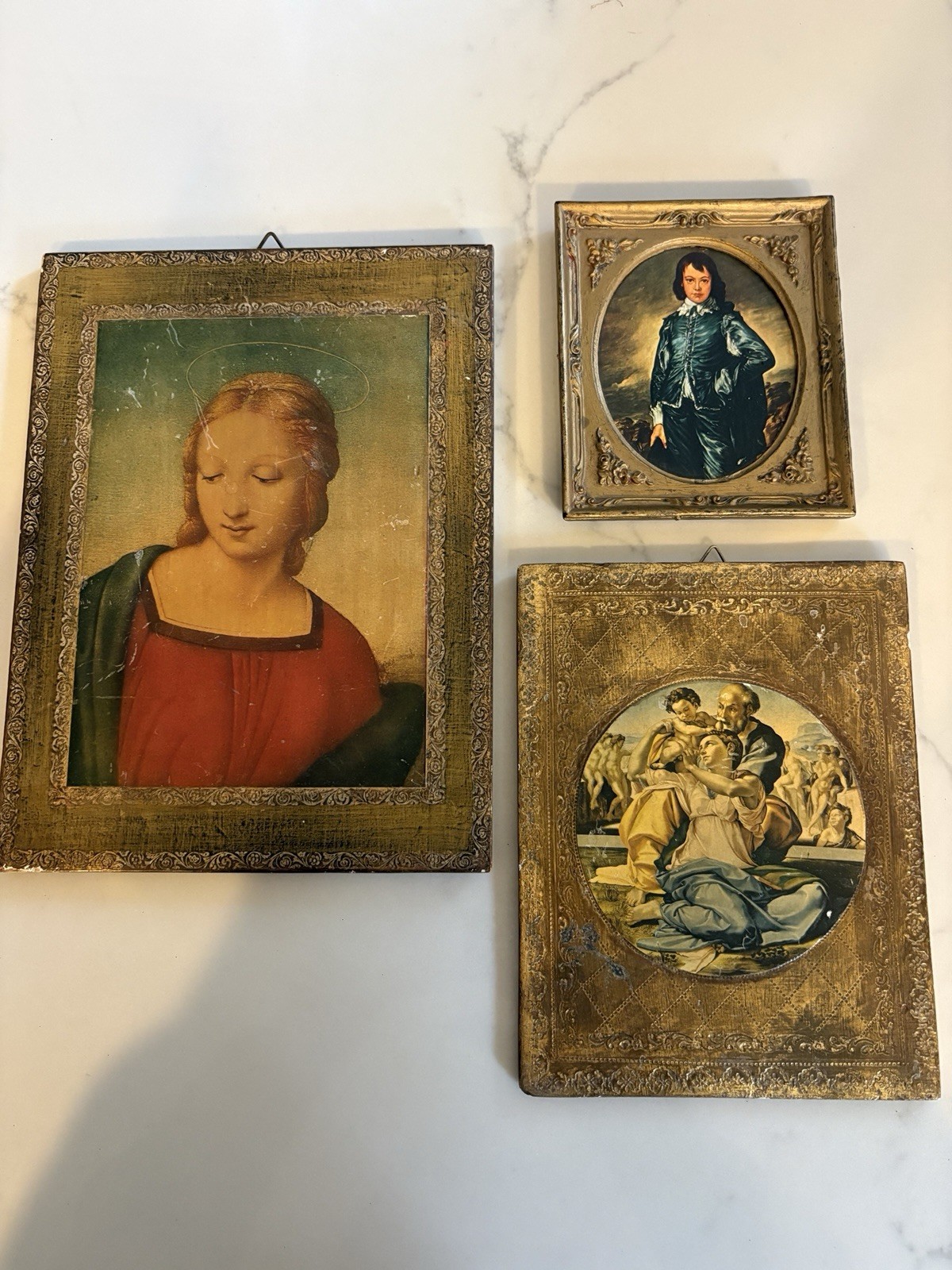 Vintage Italian Florentine Gold Gilt Wall Plaques Lot of 3 Religious & Blue Boy