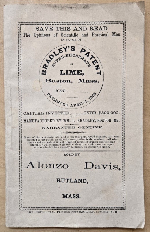c1869 Bradley\'s Patent Phosphate Lime Brochure Boston MA Alonzo Davis Rutland MA