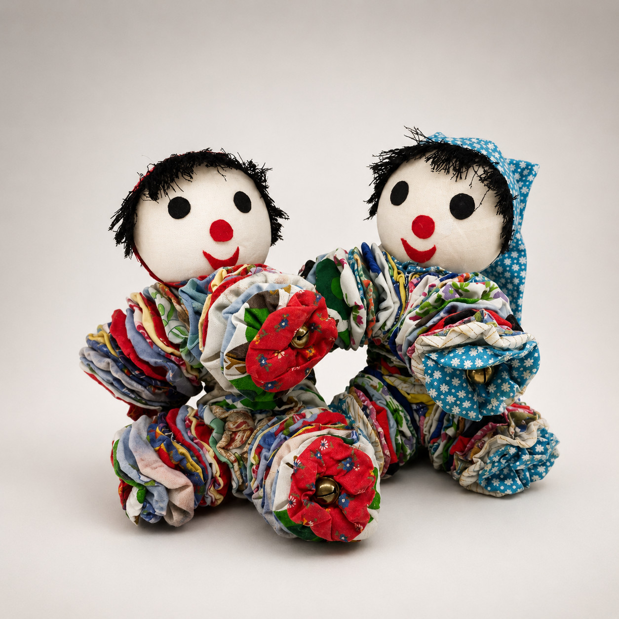 2X Vintage Handmade Yo-Yo Clown Doll 10” Fabric Folk Art Plush Rag Toy 1970s