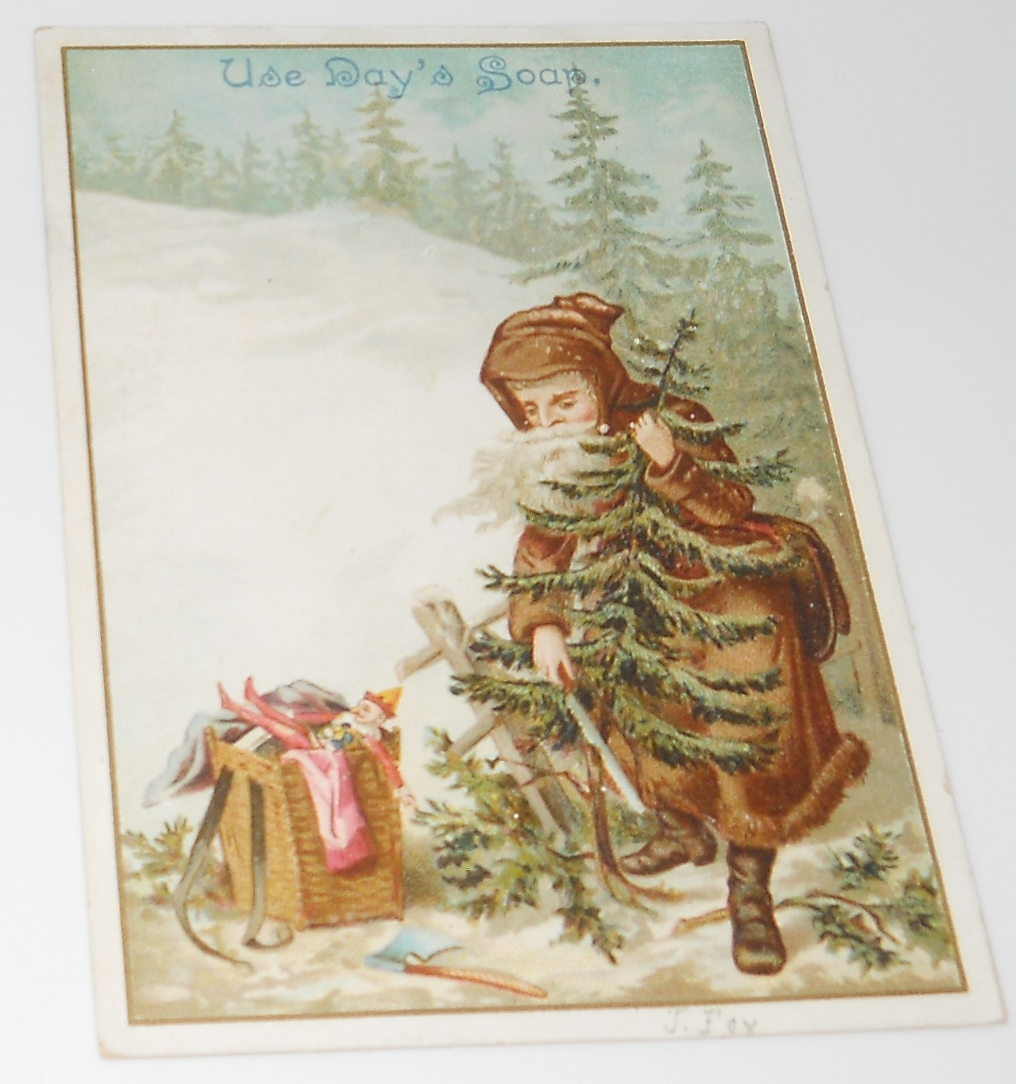 1880's SANTA FATHER CHRISTMAS in BROWN ROBE, DAYS SOAP EMBOSSED TRADE CARD