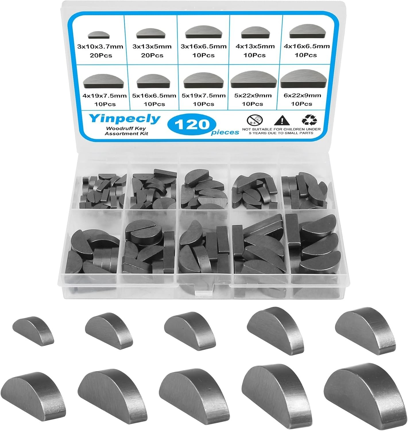120pcs Woodruff Key Assortment Kit, 10 Sizes Half Moon Keys