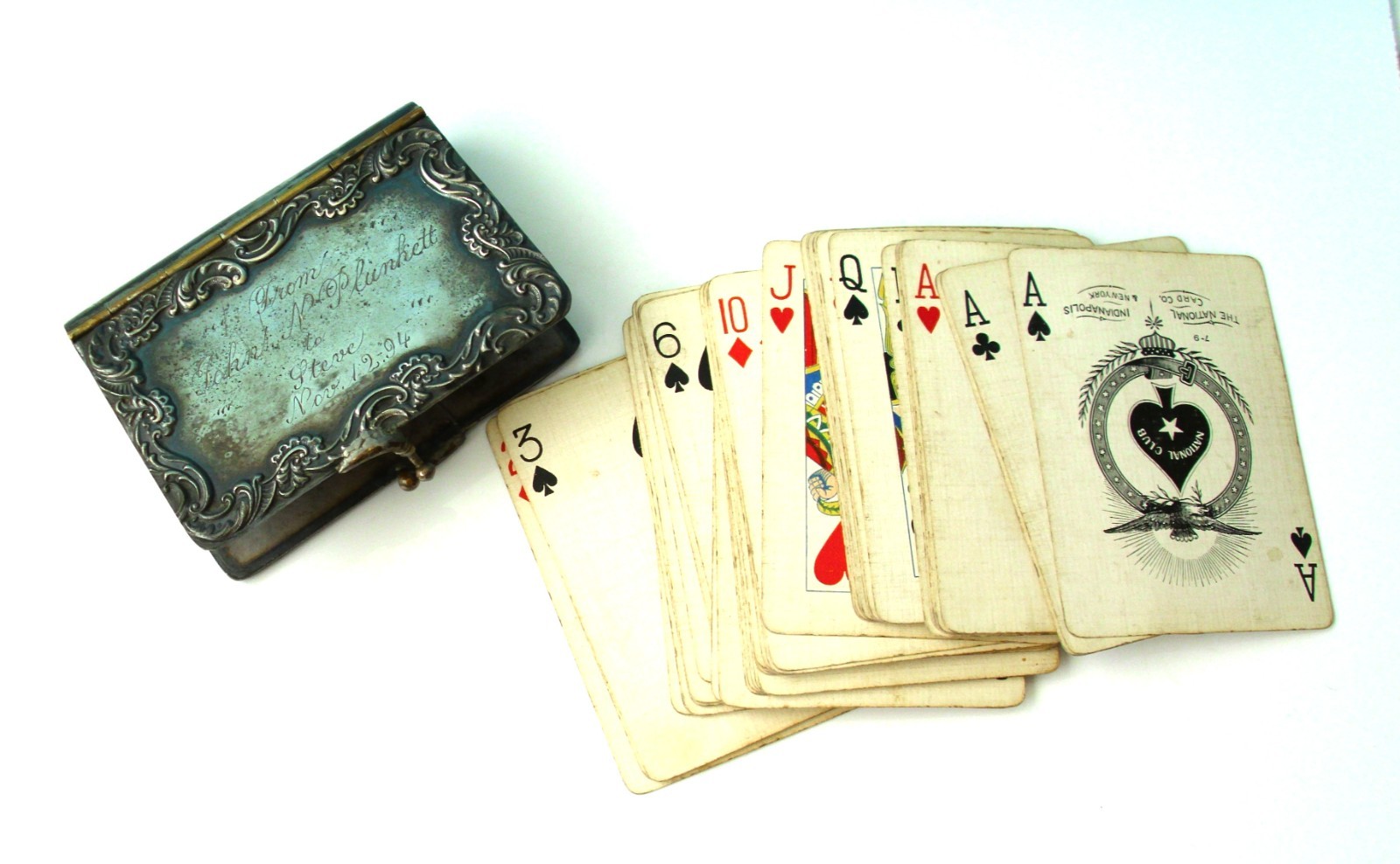 Antique 1800s Silver Metal BOOK SHAPED Playing CARDS Case NATIONAL Club ENGRAVED