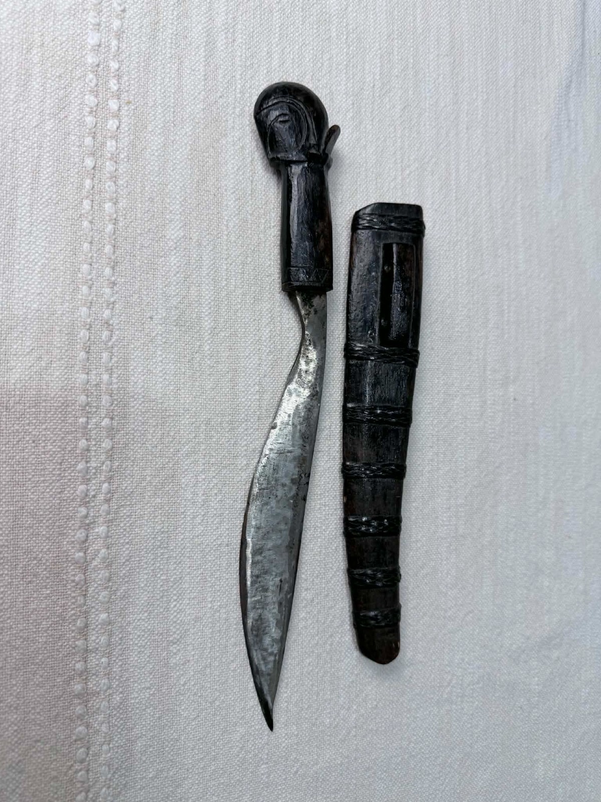 Antique Dayak Borneo Tribal Knife Carved Wood Handle Original Sheath RARE