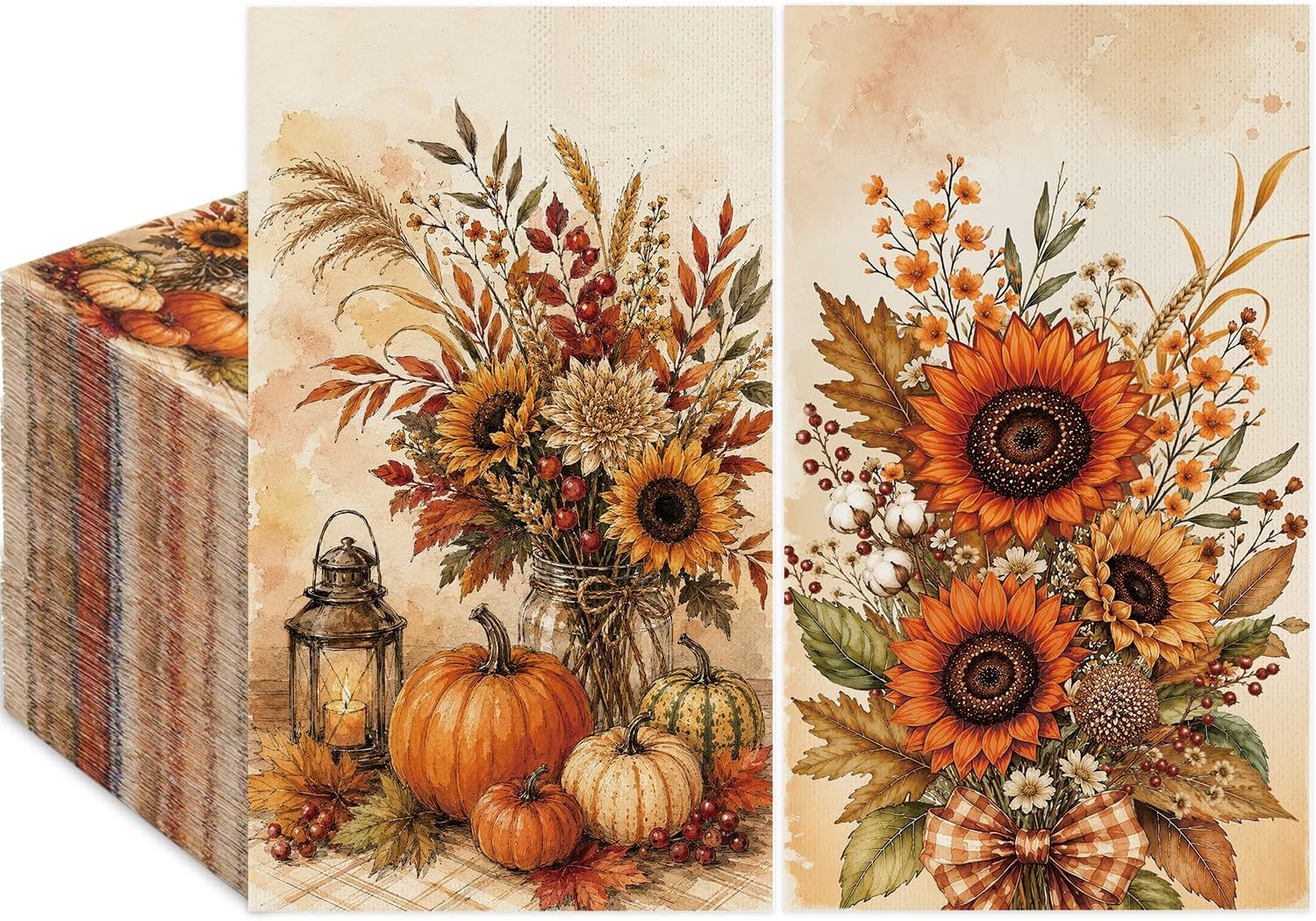 100 Fall Pumpkin Napkins, Vintage Thanksgiving Paper Napkins, Sunflowers Pumpkin