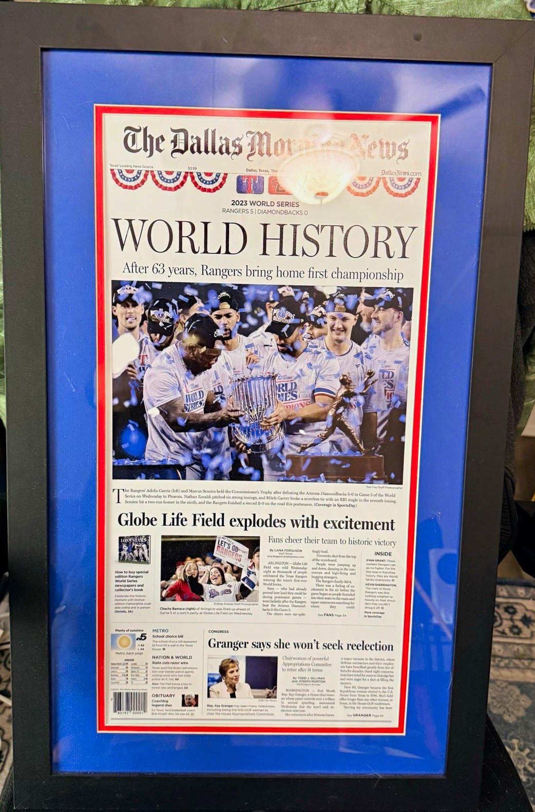 The Dallas Morning News Framed 2023 World Series Rangers “World History”