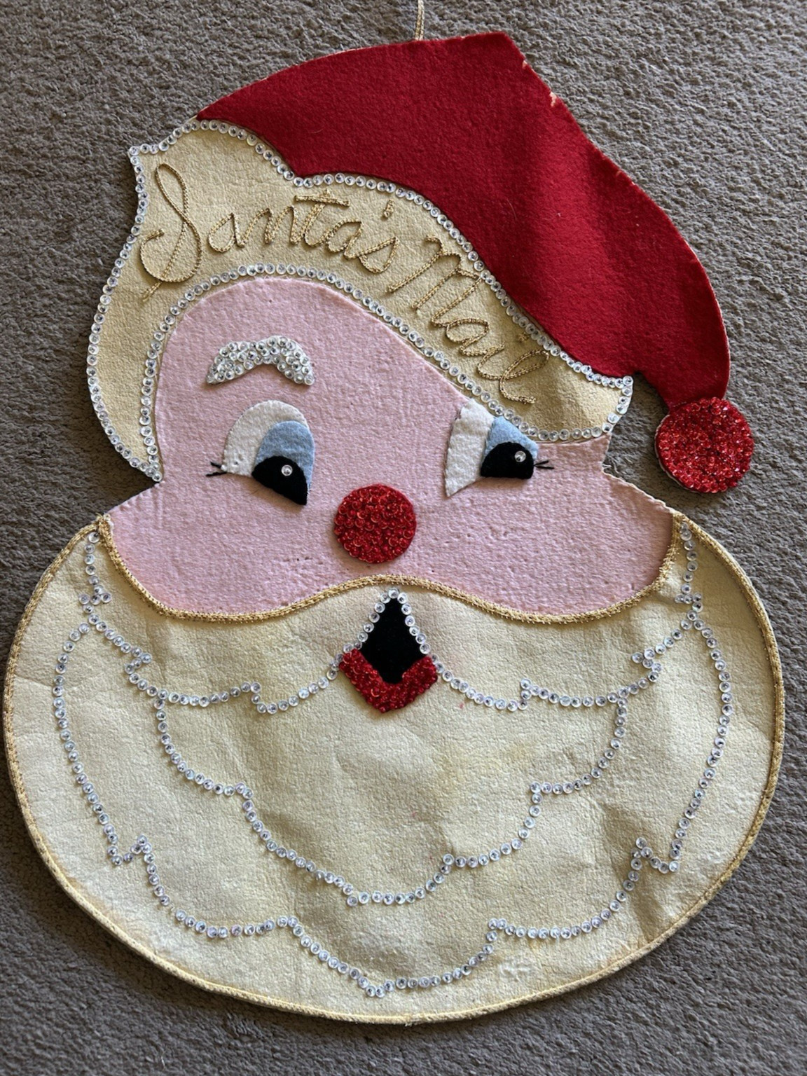 Vintage 70s Bucilla Santa's Mail Jeweled Felt Sequin Christmas Card Holder READ