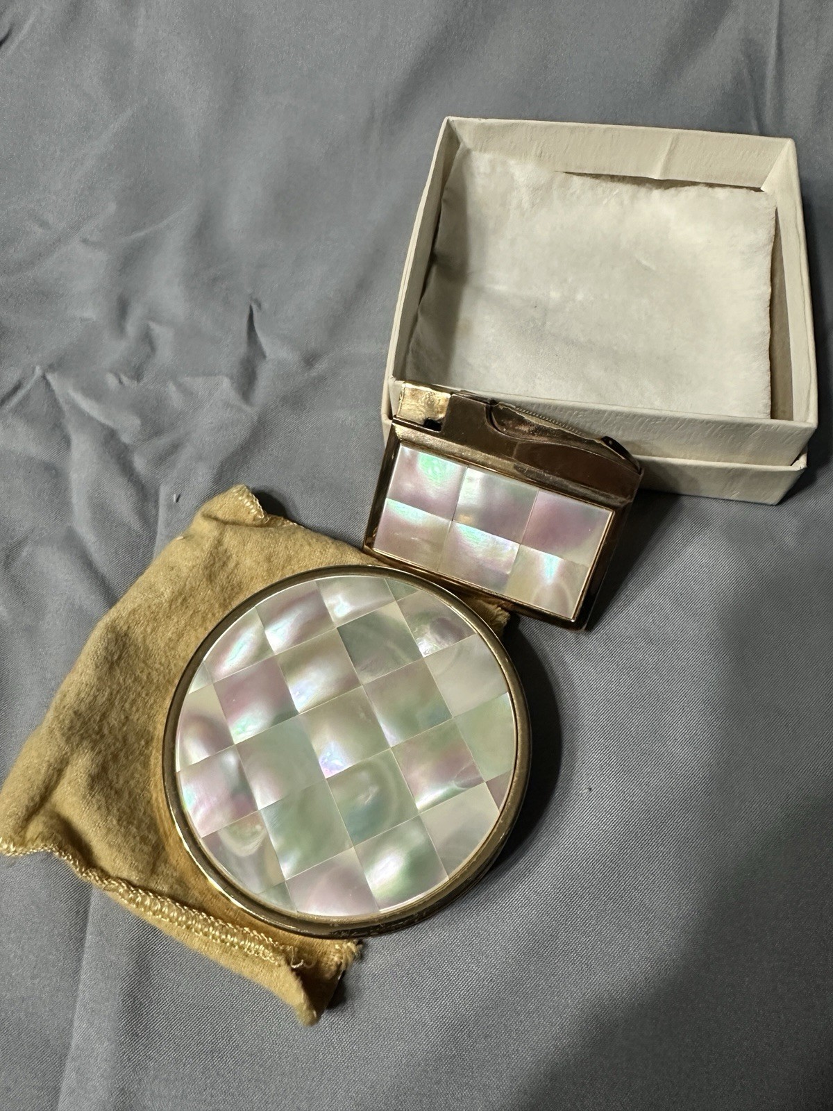 Vintage 1950s Mother of Pearl Lighter And Max Factor Compact Elgin LIGHTER WORKS