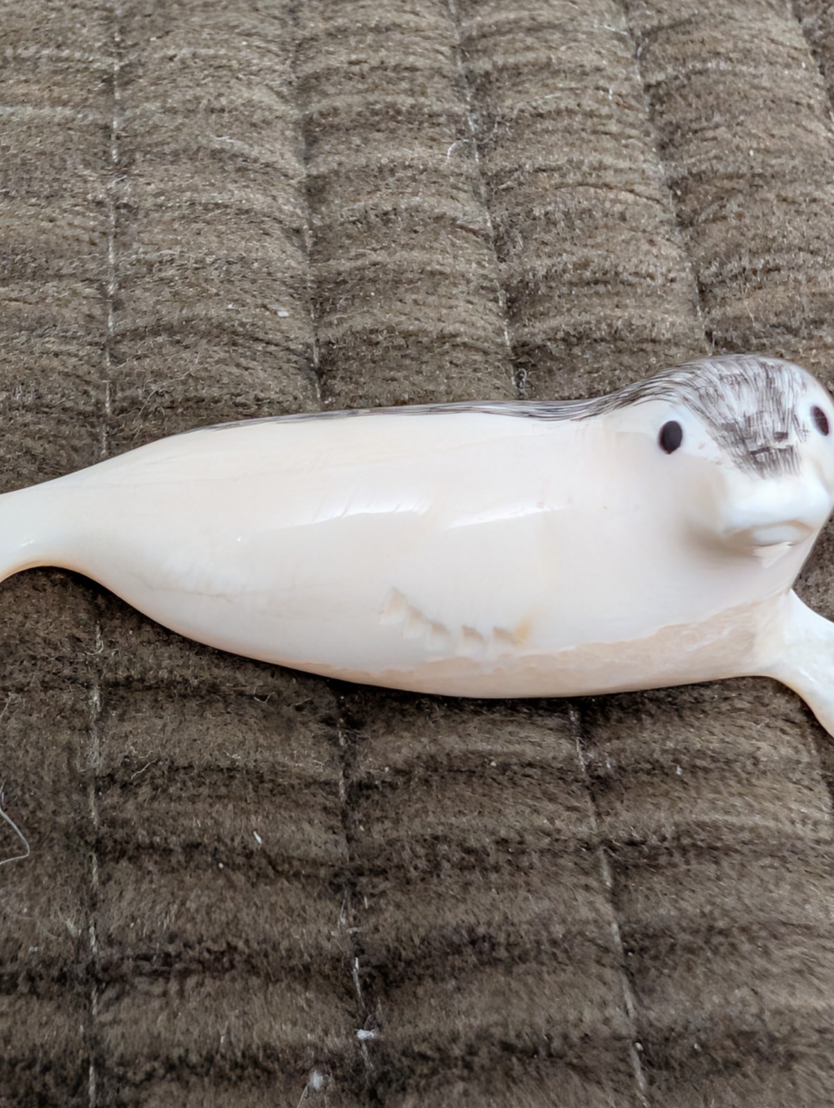 Vintage Hand Carved Natural Bone Seal Figurine Signed Scrimshaw Art Miniature