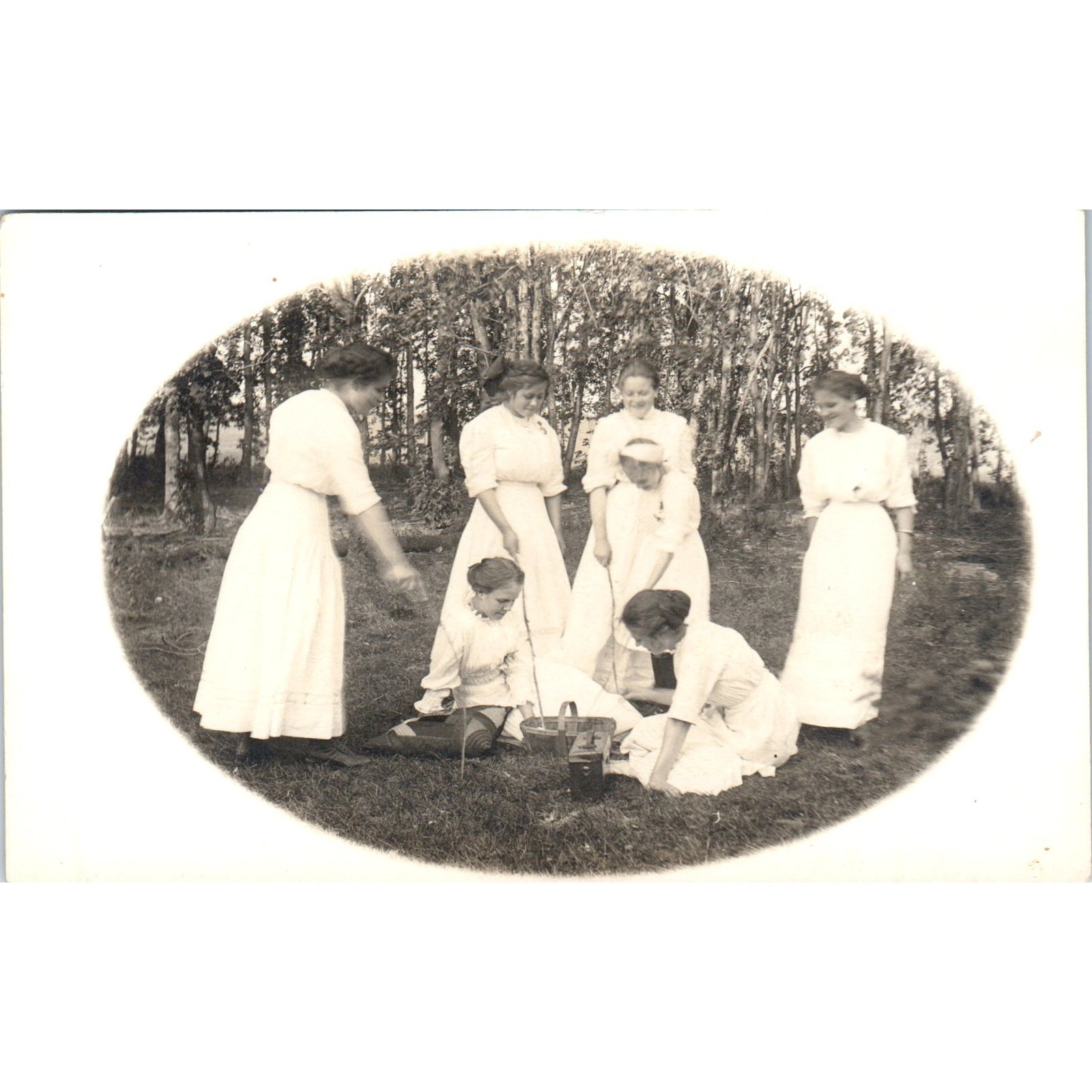 Young Ladies in White Gowns Having a Picnic c1910 RPPC Postcard AB9
