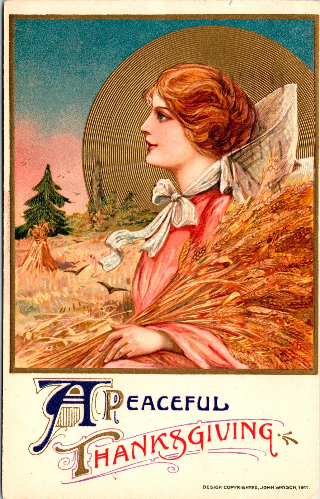 Vintage 1910's Schmucker Winsch Girl Golden Sun Harvest Thanksgiving Postcard