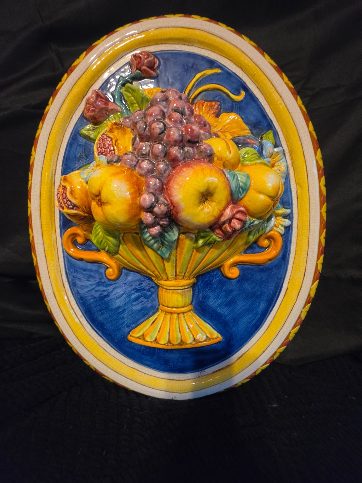 Italian Relief Majolica Faience Hand Painted Fruit & Floral Oval Wall Plaque 22\