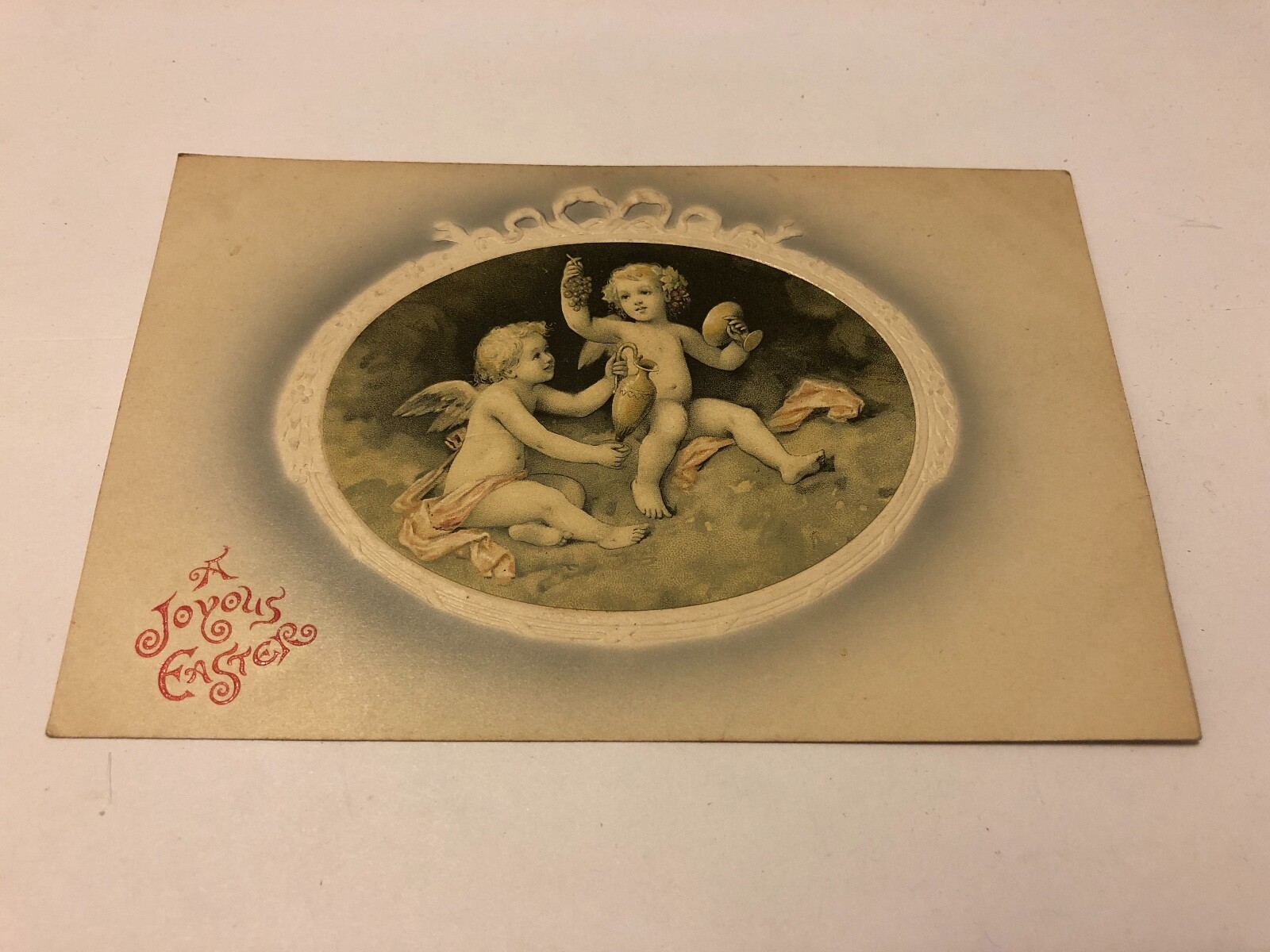 ANTIQUE 1910 JOYOUS EASTER EMBOSSED CHERUB CHILDREN POSTCARD MEISSNER GERMANY