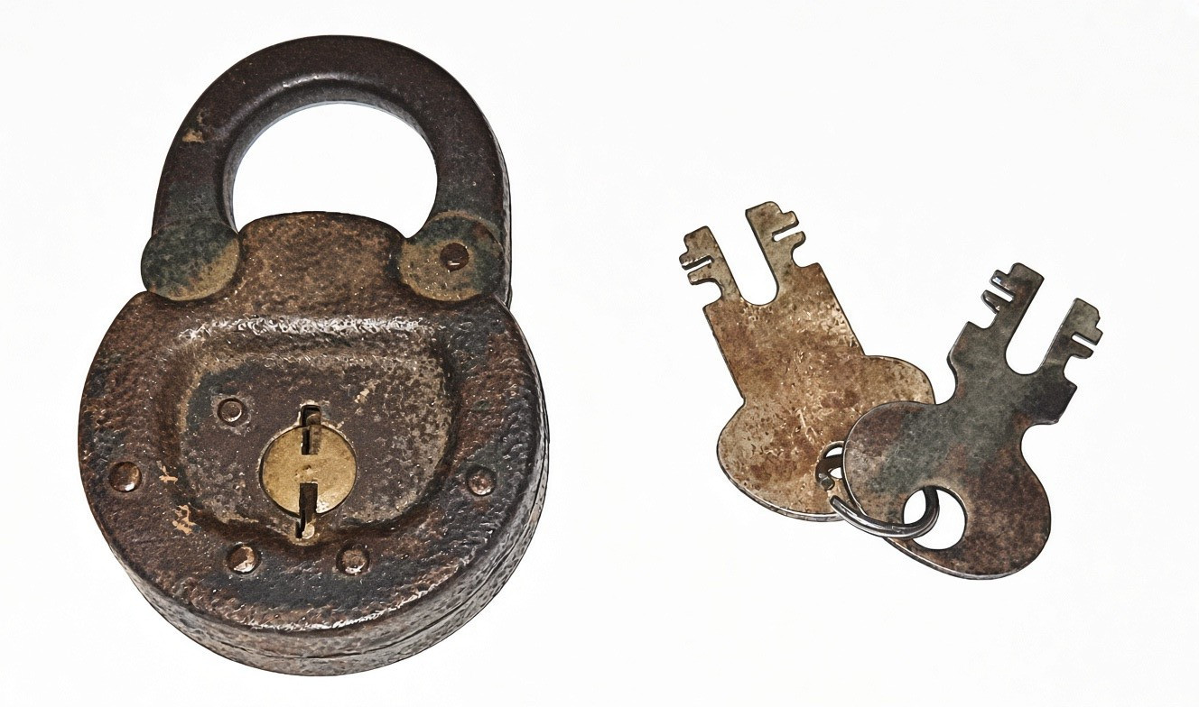 Antique Vintage Riveted Iron Round Padlock w/ 2 Original Keys – Heavy Patina