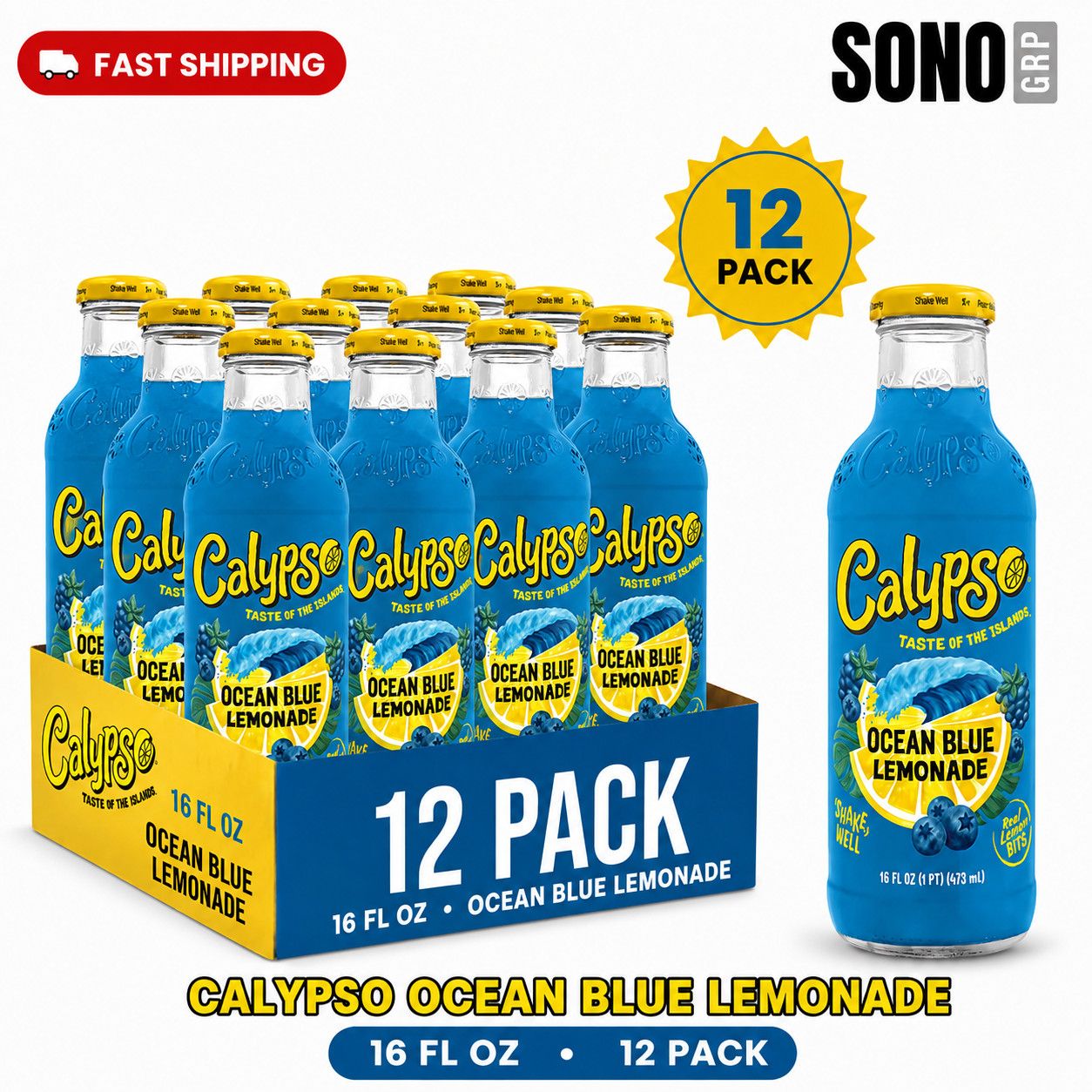 Calypso Ocean Blue Lemonade 16 Fl Oz, 12 Pack Glass Bottles