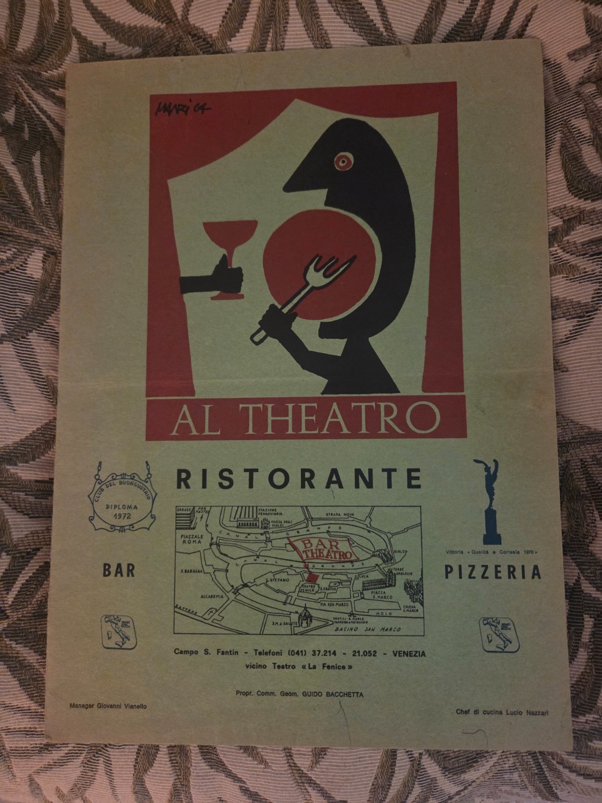 Vintage 1980 Menu from Al Theatro in Venice, Italy Striking Artwork + Daily Menu