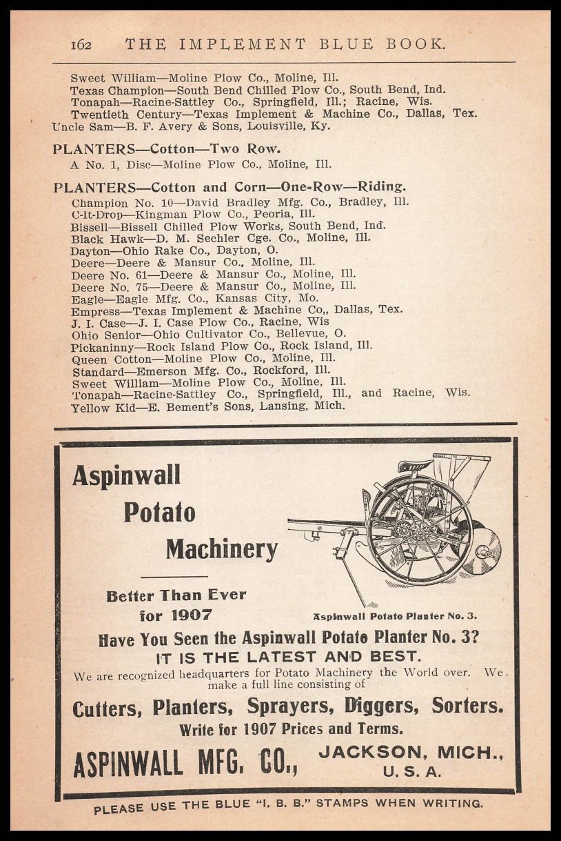 1907 Aspinwall Mfg Co. Jackson Michigan No. 3 Potato Planter Vintage Print Ad